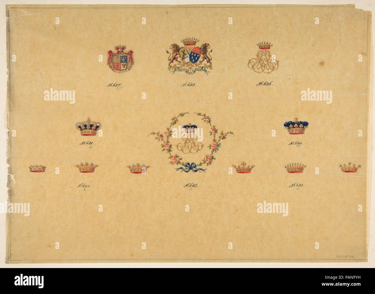 Sheet of Monogram Designs. Artist: Anonymous, French, 19th century. Dimensions: sheet: 9 11/16 x 13 9/16 in. (24.6 x 34.4 cm). Date: 19th century. Museum: Metropolitan Museum of Art, New York, USA. Stock Photo