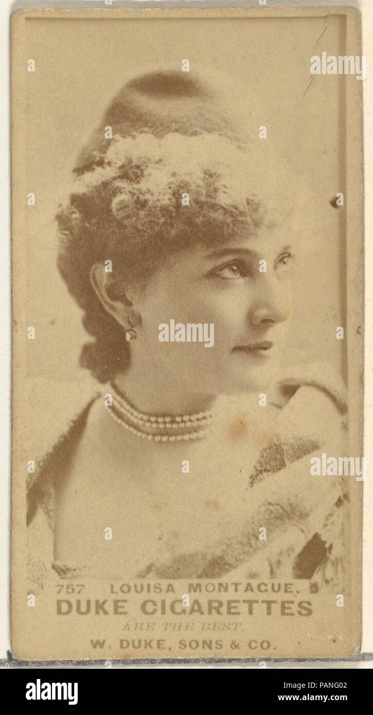 Card Number 757, Louisa Montague, from the Actors and Actresses series (N145-7) issued by Duke Sons & Co. to promote Duke Cigarettes. Dimensions: Sheet: 2 11/16 × 1 3/8 in. (6.8 × 3.5 cm). Publisher: Issued by W. Duke, Sons & Co. (New York and Durham, N.C.). Date: 1880s.  Trade cards from the set "Actors and Actresses" (N145-7), issued in the 1880s by W. Duke Sons & Co. to promote Duke Cigarettes. There are eight subsets of the N145 series. Various subsets sport different card designs and also promote different tobacco brands represented by W. Duke Sons & Company. This card is from the seventh Stock Photo