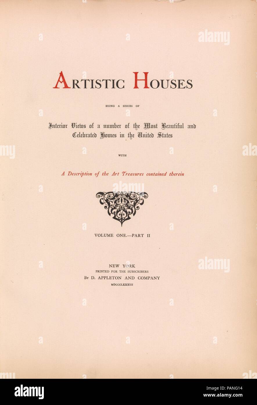 Artistic houses : being a series of interior views of a number of the most beautiful and celebrated homes in the United States : with a description of the art treasures contained therein. Dimensions: 2 volumes in 4, [193] leaves of plates ; Height: 20 1/2 in. (52 cm). Publisher: D. Appleton & Co.. Date: 1883-84.  'Edition limited to 500 copies' -- p. [3] of volume 1. Title in red and black; vignette. Watson Library copy: No. 320 of 500 copies printed. Museum: Metropolitan Museum of Art, New York, USA. Stock Photo