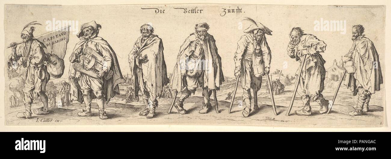 Die Bettler Zunfft (The Seven Beggars). Artist: After Jacques Callot (French, Nancy 1592-1635 Nancy). Dimensions: 3 5/16 x 10 1/2 in. (8.5 x 26.7 cm)  cut on platemark. Etcher: Wenceslaus Hollar (Bohemian, Prague 1607-1677 London). Series/Portfolio: Beggars. Date: 1630.  Plate 1 of 4 prints of beggars after Callot. Seven male beggars standing in a row in a landscape, four of them at right on crutches, one at far left carrying a flag lettered with 'Capitano di Baroni,'another beside him playing a hurdy-gurdy; church in background at right. Museum: Metropolitan Museum of Art, New York, USA. Stock Photo