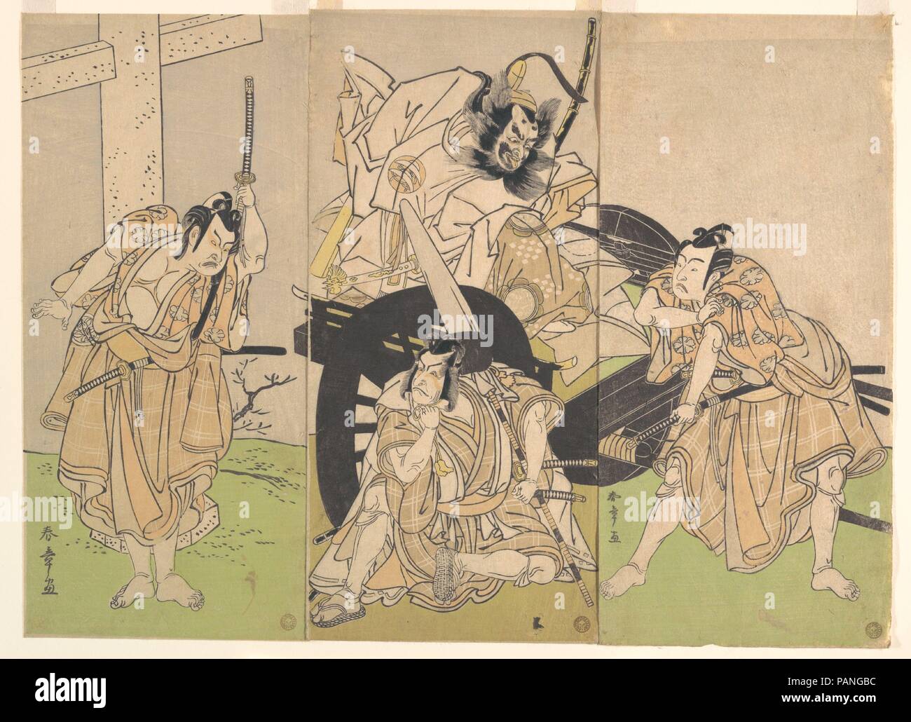Kabuki Actors Ichikawa Yaozo II, Nakajima Mihoemon II, Ichikawa Ebizo III, and Ichimura Uzaemon IX in the Play Sugawara's Secrets of Calligraphy (Sugawara denju tenarai kagami). Artist: Katsukawa Shunsho (Japanese, 1726-1792). Culture: Japan. Dimensions: Overall: 12 5/8 x 17 7/16 in. (32.1 x 44.3 cm); Image: 12 9/16 x 5 3/4 in. (31.9 x 14.6 cm). Date: 7th month, 1776. Museum: Metropolitan Museum of Art, New York, USA. Stock Photo