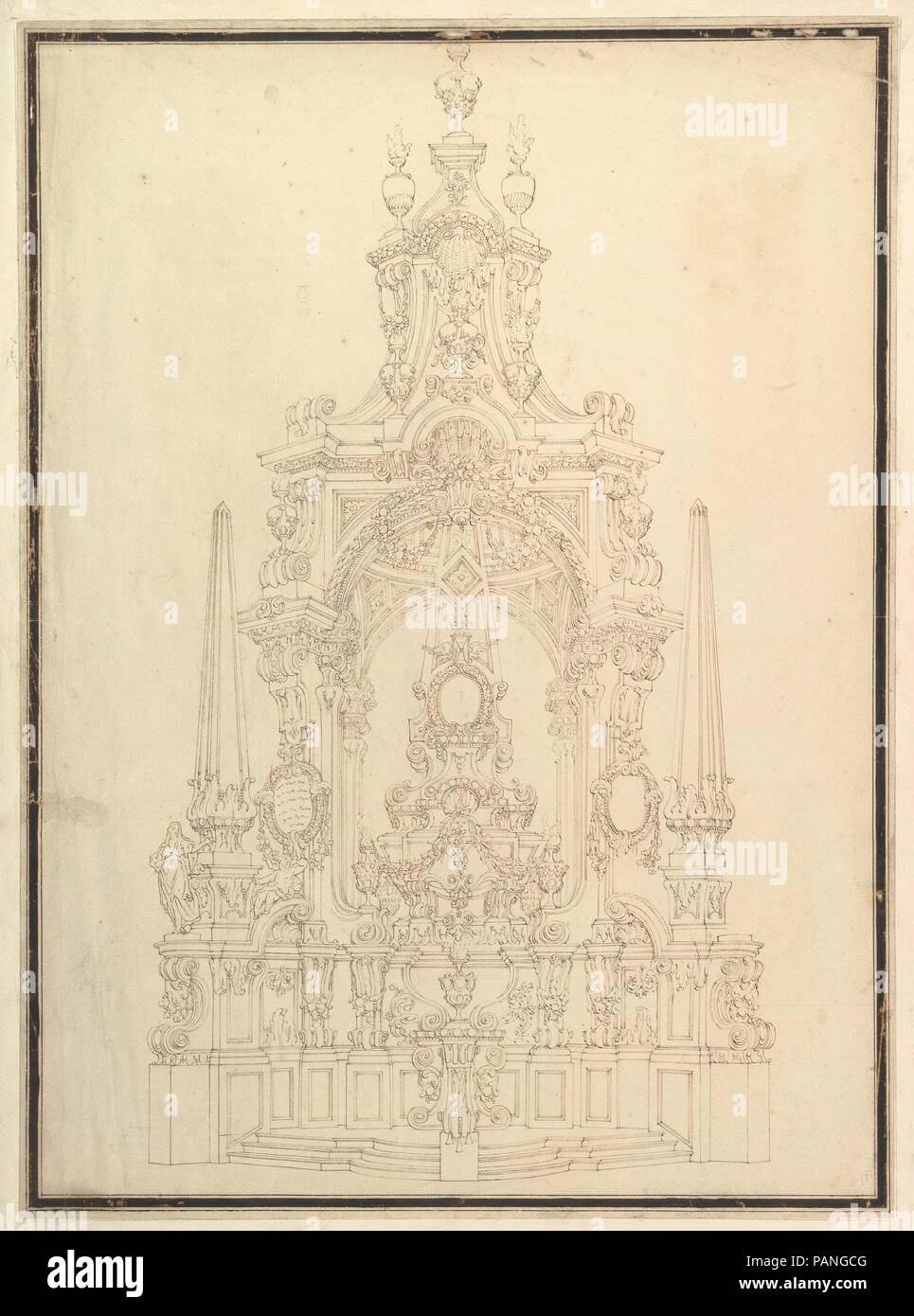 Elevation of a Catafalque: Obelisks at the Corners and One in Center. Artist: Workshop of Giuseppe Galli Bibiena (Italian, Parma 1696-1756 Berlin). Dimensions: 23-1/2 x 17-3/8 in.  (59.7 x 44.1 cm). Date: ca. 1720-40. Museum: Metropolitan Museum of Art, New York, USA. Stock Photo