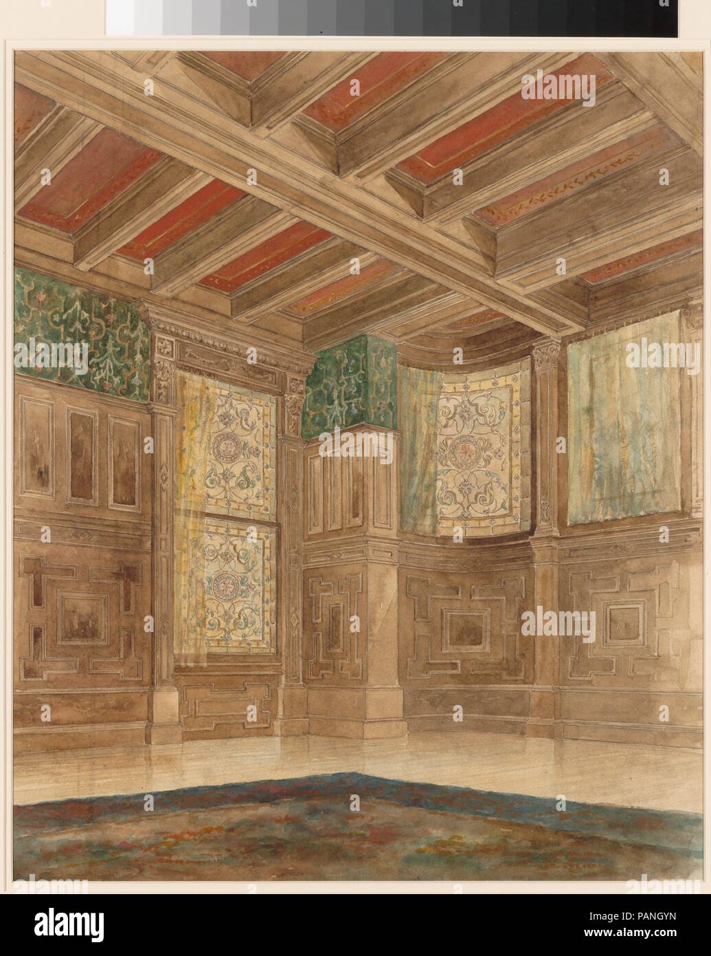 Design for an interior. Artist: Louis Comfort Tiffany (American, New York 1848-1933 New York). Culture: American. Dimensions: 20 7/8 x 18 1/2 in. (53 x 47 cm). Maker: Tiffany Glass and Decorating Company (American, 1892-1902). Date: 1892-1902.  While Tiffany was famous for his Aesthetic-style interiors, this highly finished design for a Renaissance Revival interior shows his ability in other modes as well.  Here, he presents a fully coordinated environment: note how the salmon color of the coffers is picked up in the strapwork-patterned wall covering, the leaded-glass windows, and even the loz Stock Photo