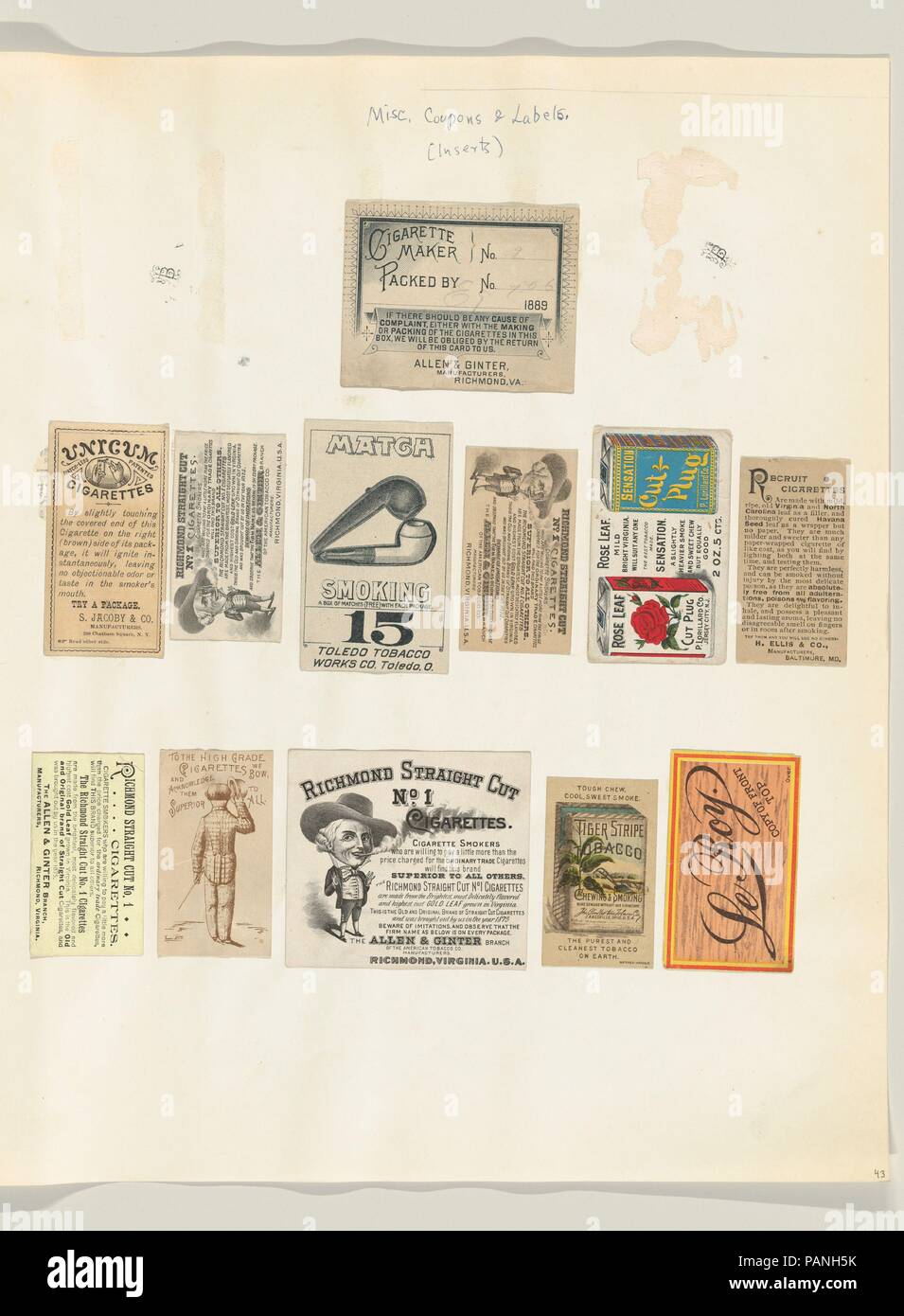 Album page with twelve tobacco coupons and labels. Dimensions: Sheet: 15 in. × 12 1/2 in. (38.1 × 31.8 cm). Date: ca. 1888.  Album page containing twelve miscellaneous tobacco coupons and labels, including brands such as Allen & Ginter, Toledo Tobacco Works Co., P. Lorillard Co., S. Jacoby & Co., H. Ellis & Co., and The Pinkerton Tobacco Co. Museum: Metropolitan Museum of Art, New York, USA. Stock Photo