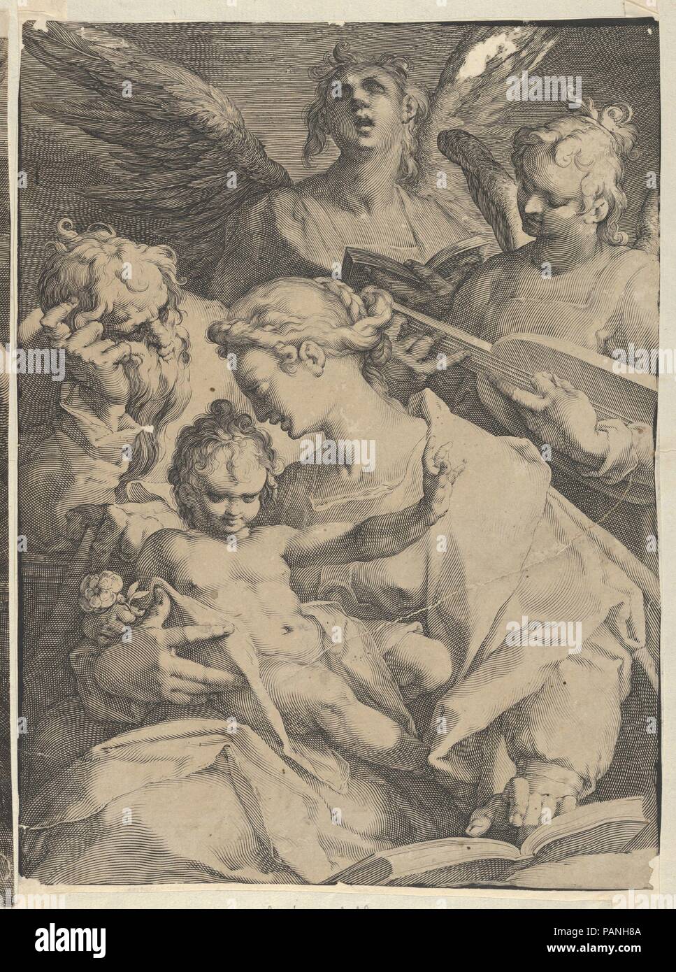 Holy Family and Two Music-Making Angels. Artist: Jan Muller (Netherlandish, Amsterdam 1571-1628 Amsterdam); After Bartholomeus Spranger (Netherlandish, Antwerp 1546-1611 Prague). Dimensions: Sheet: 11 7/16 × 8 7/16 in. (29 × 21.4 cm). Publisher: Harmen Jansz. Muller (Netherlandish, Amsterdam ca. 1540-1617 Amsterdam). Date: ca. 1590. Museum: Metropolitan Museum of Art, New York, USA. Stock Photo