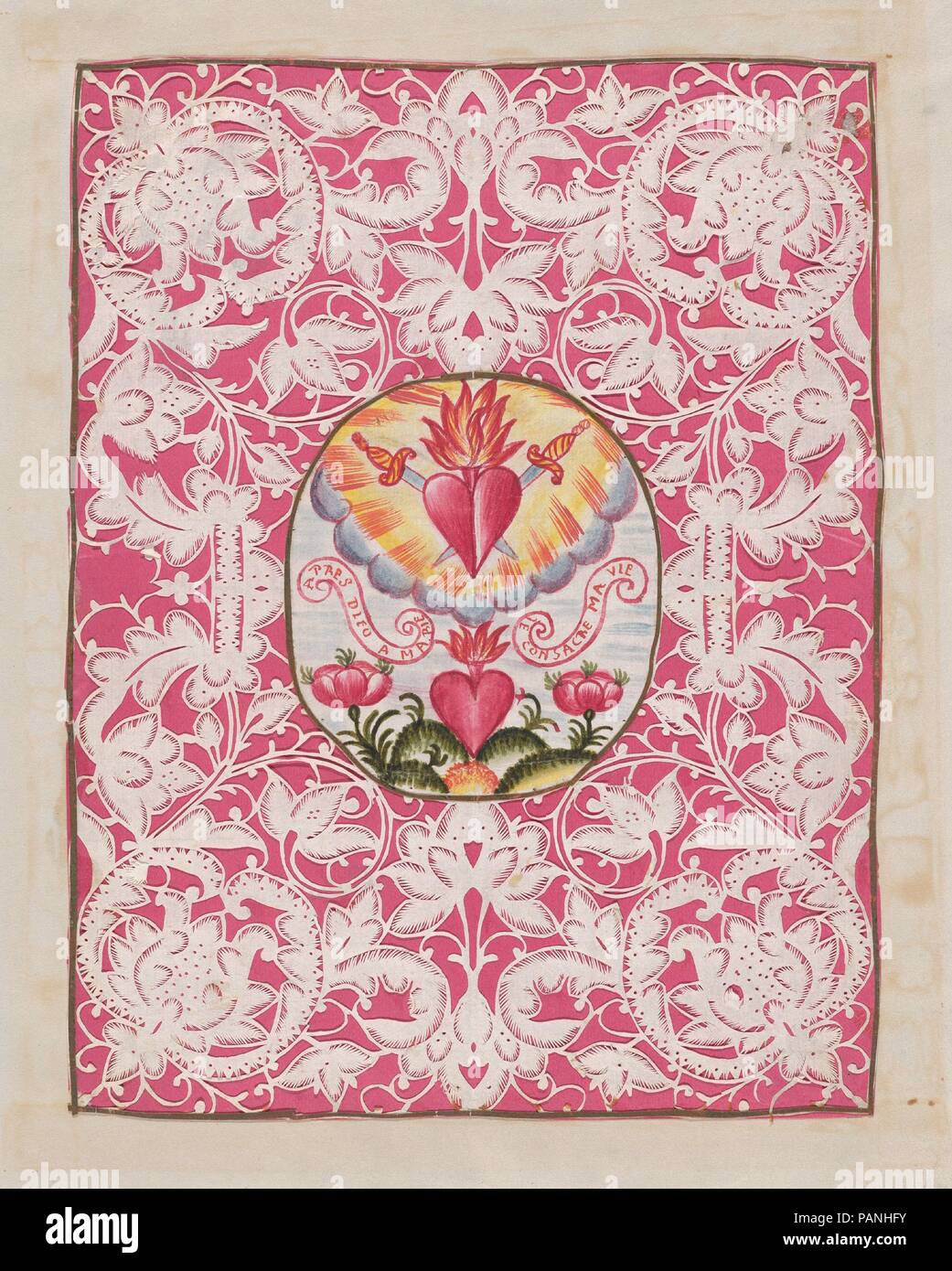 Canivet, or Devotional. Artist: Anonymous, Flemish, 18th century. Dimensions: Sheet: 8 1/16 × 6 5/16 in. (20.5 × 16 cm). Date: 18th century.  Vellum is delicately knife-cut to emulate fine lace in this Devotional, also known as Canivet. This is a religious precursor of the Valentine, which would have been given as a gift to honor a special occasion, such as birth, death, communion, or marriage.  The cut paper is a background for the central, painted image, which shows crossed swords impaling a flaming heart -- which is amid clouds. Another flaming heart appears to grow from the earth with two  Stock Photo