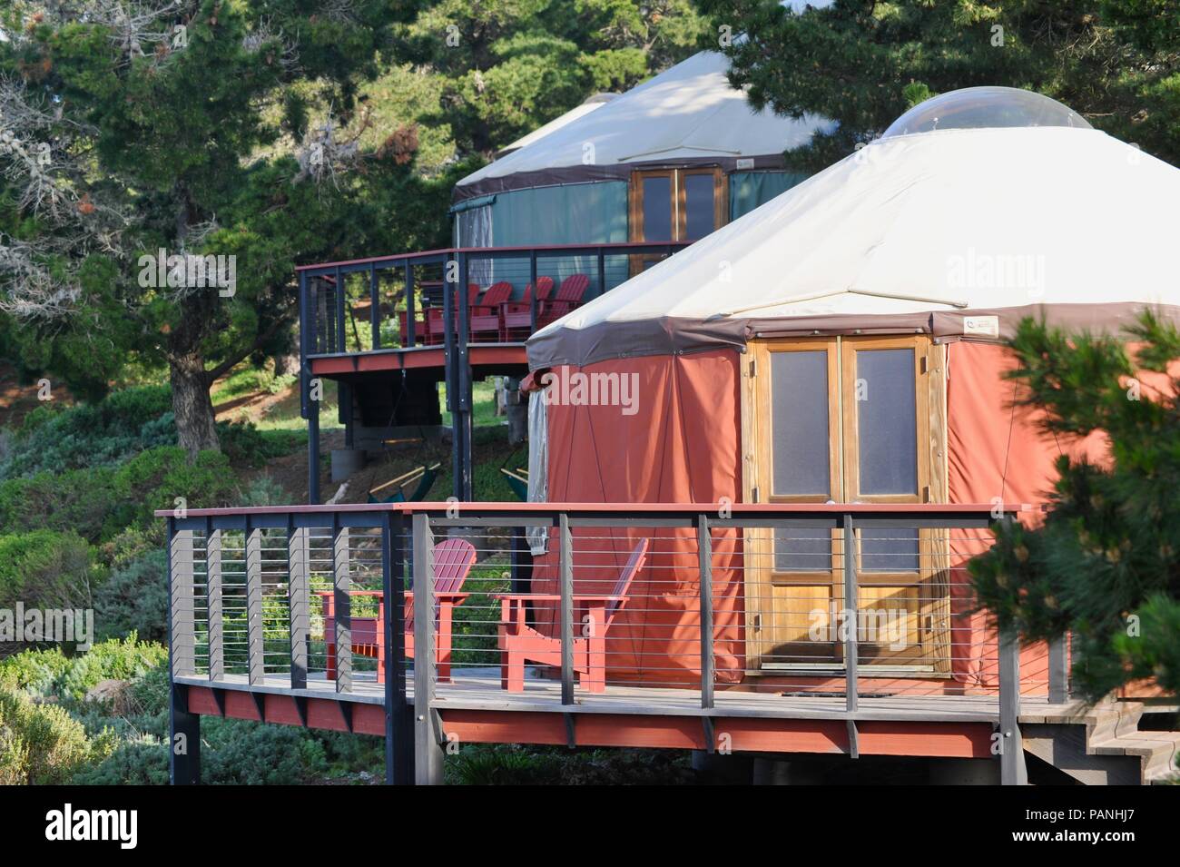 Fabric and wood framed yurt structures for, luxurious, upscale