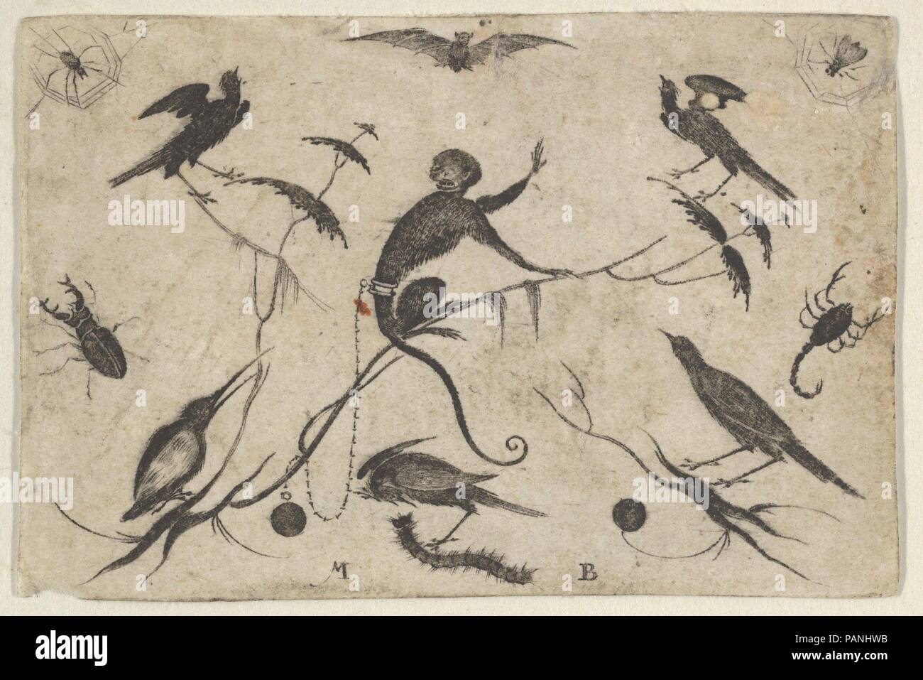 Blackwork Design for Goldsmithwork with Monkey, Birds, and Insects. Artist: Mathais Beitler (German, Ansbach, active ca. 1582-1616). Dimensions: Sheet: 1 9/16 × 2 5/16 in. (3.9 × 5.8 cm). Date: 1582-1616.  Ornamental panel with a monkey facing to the right on a limb, surrounded by birds. At edges of the plate are various insects, including a spider, beetle and fly. At top center, a bat. Museum: Metropolitan Museum of Art, New York, USA. Stock Photo