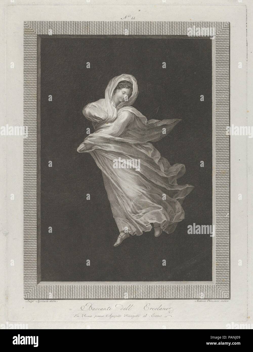 A bacchante wearing a flowing drapery, looking down, right arm bent and left arm outstretched, set against a black background inside a rectangular frame. Artist: Engraved by Antonio Ricciani (Italian, Rome 1775/76-1847 Naples); Intermediary draughtsman Luigi Agricola (Italian, born ca. 1750). Dimensions: Sheet: 16 5/16 × 12 3/8 in. (41.4 × 31.5 cm)  Plate: 13 × 9 13/16 in. (33 × 25 cm). Publisher: Agapito Franzetti (Italian, active Rome, last quarter 18th century-first quarter 19th century). Date: ca. 1795-1847.  From a series of engravings depicting wall paintings from Herculaneum, made by va Stock Photo