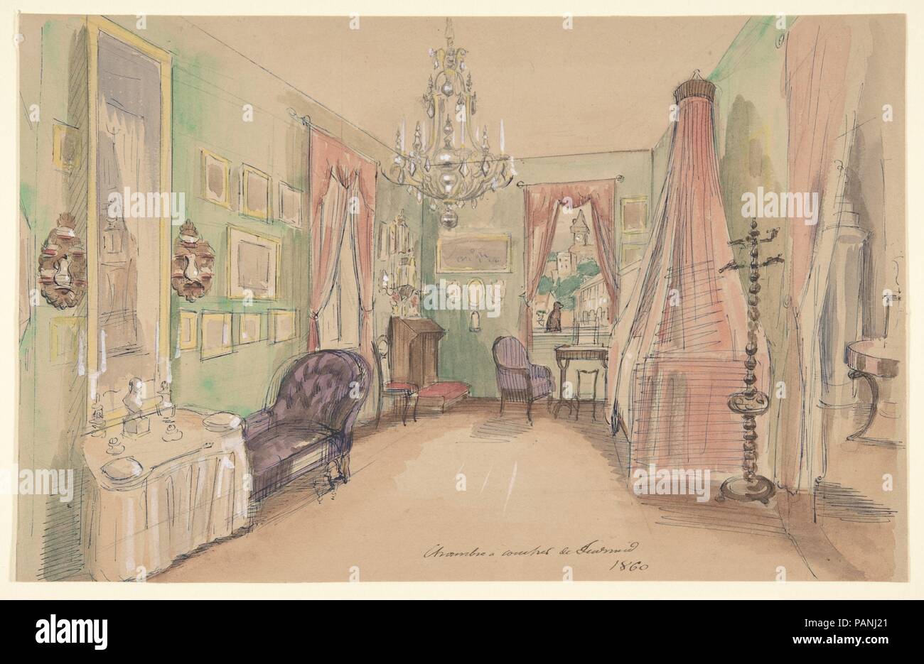 Drawing of an Interior: Bedroom, Anonymous, French, 19th