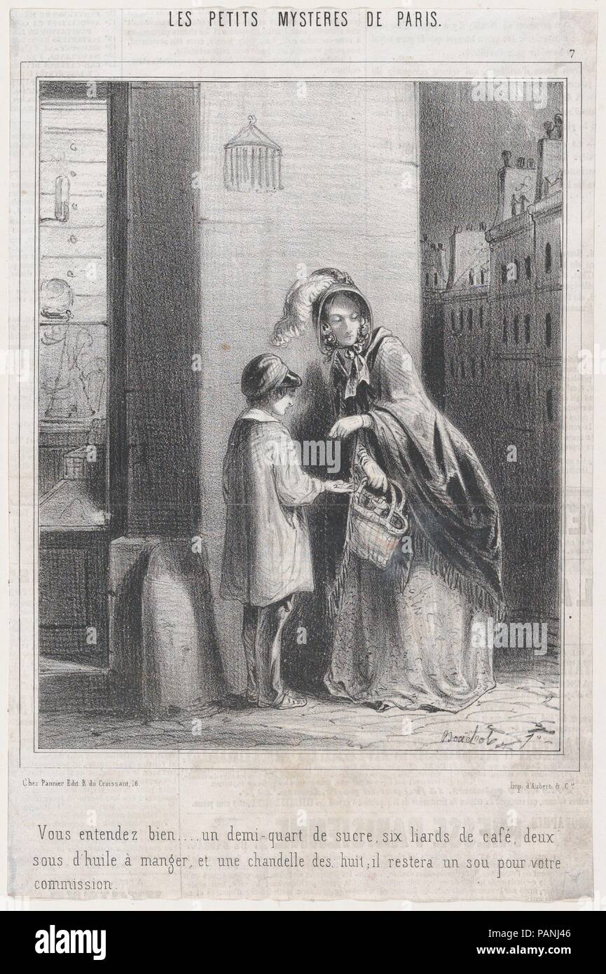Listen up... Artist: Frédéric Bouchot (French, Paris 1798-1850 after). Dimensions: Sheet: 10 13/16 × 7 1/8 in. (27.5 × 18.1 cm)  Image: 8 1/8 × 6 5/16 in. (20.6 × 16.1 cm). Editor: Pannier et Cie. (Paris). Printer: Aubert et Cie. Series/Portfolio: Les Petits Mysteres de Paris. Date: 19th century. Museum: Metropolitan Museum of Art, New York, USA. Stock Photo