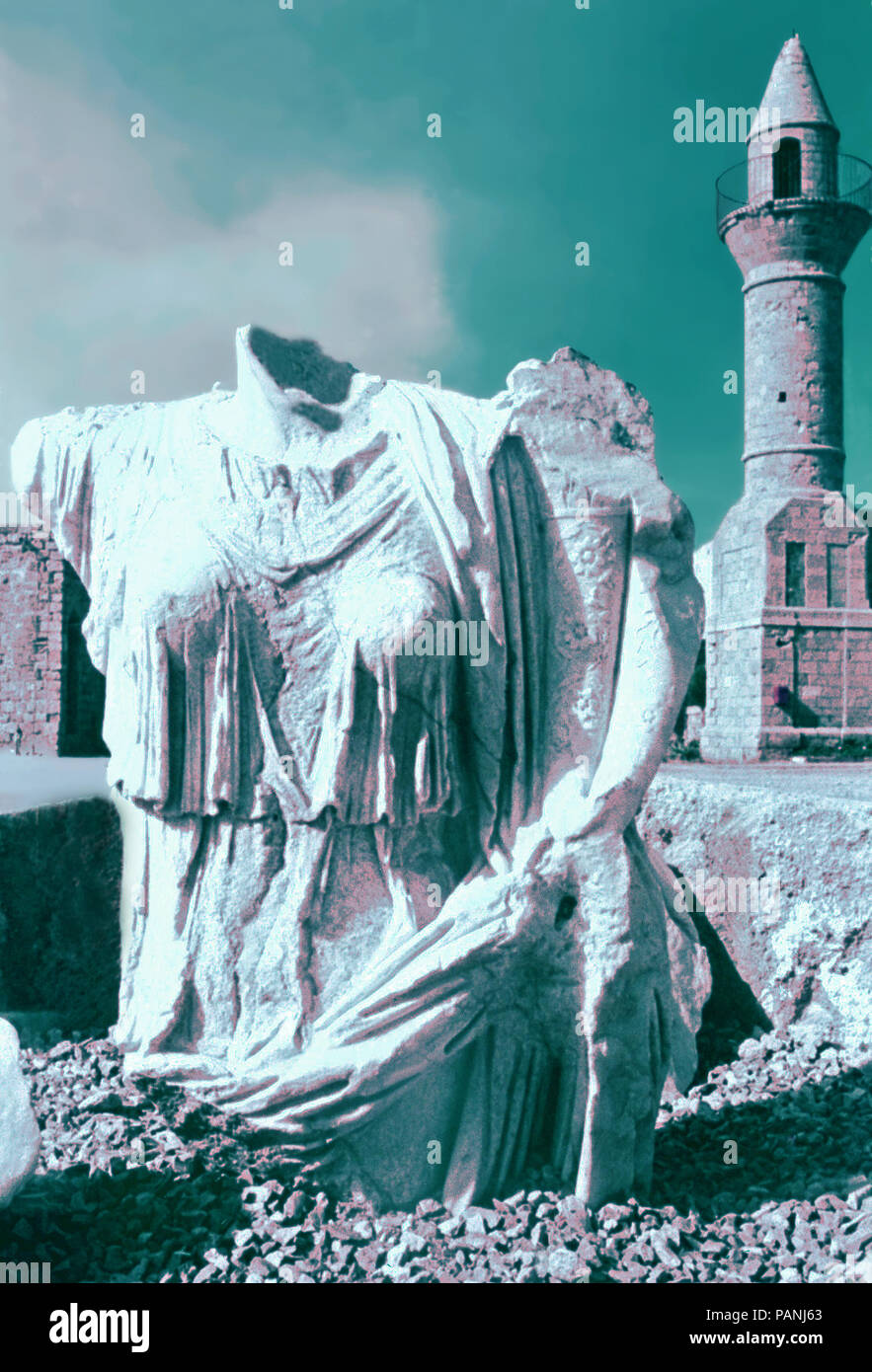 Roman and statue,Bosnian Mosque,Caesarea,Isreal Stock Photo