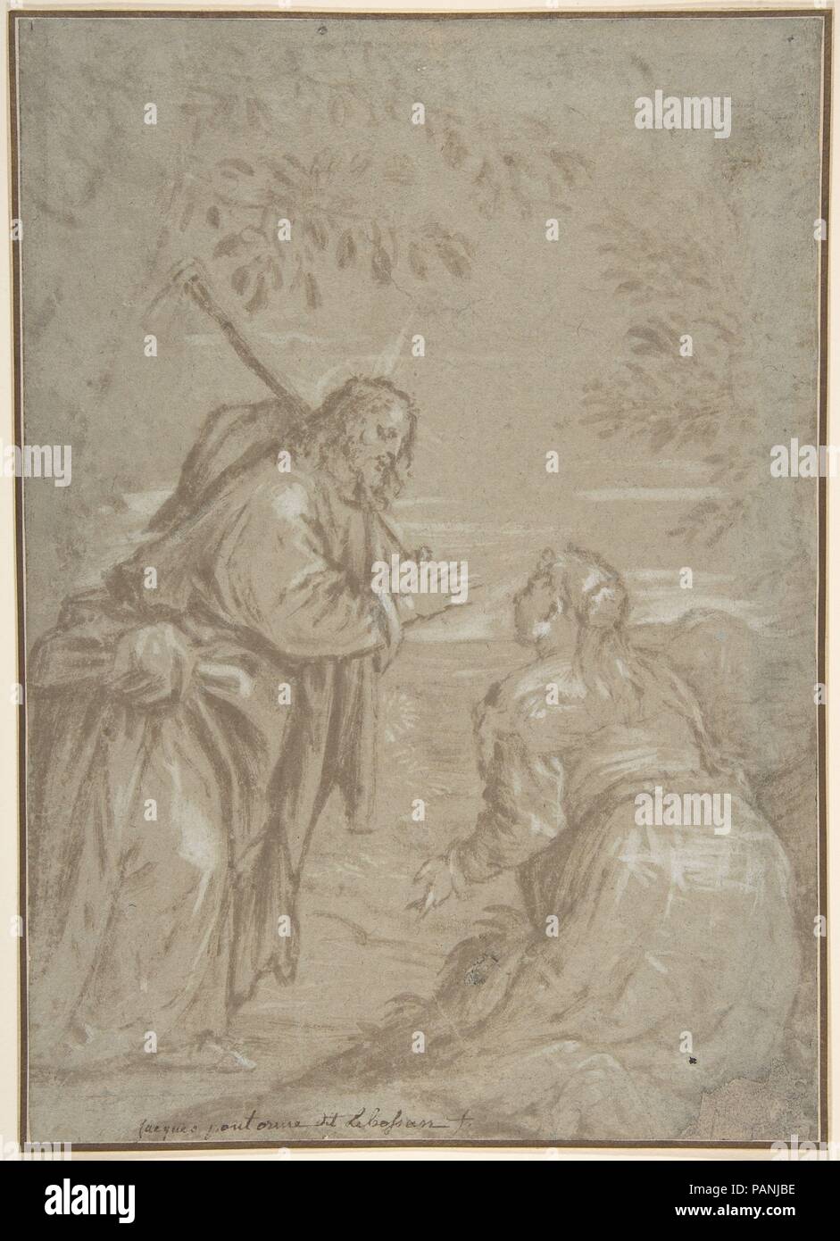 Christ Appearing to Saint Mary Magdalen ('Noli Me Tangere'). Artist: Attributed to Jacopo Bassano (Jacopo da Ponte) (Italian, Bassano del Grappa ca. 1510-1592 Bassano del Grappa). Dimensions: sheet: 12 3/16 x 8 11/16 in. (31 x 22 cm). Date: ca. 1560.  In this expressively pictorial composition of the 'Noli me tangere' (John 20:14-18), done quickly with the brush and brown wash with white gouache highlights, the resurrected Christ, in the guise of a gardener, stands at left before the kneeling Saint Mary Magdalen on the right, who is seen from behind. The present sheet, acquired in 2008, marks  Stock Photo