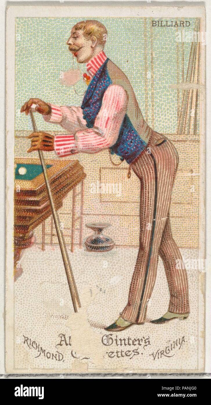 Billiard, from World's Dudes series (N31) for Allen & Ginter Cigarettes. Dimensions: Sheet: 2 3/4 x 1 1/2 in. (7 x 3.8 cm). Publisher: Allen & Ginter (American, Richmond, Virginia). Date: 1888.  Trade cards from the 'World's Dudes' series (N31), issued in 1888 in a set of 50 cards to promote Allen & Ginter brand cigarettes. Museum: Metropolitan Museum of Art, New York, USA. Stock Photo