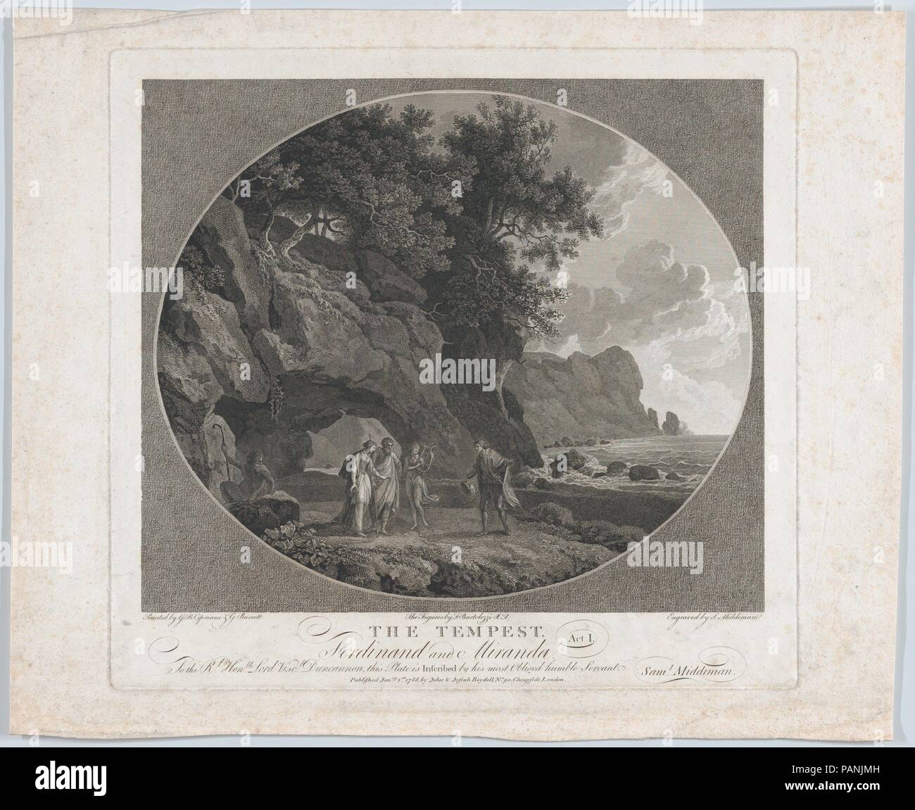 The Tempest, Act I: Ferdinand and Miranda. Artist: After Giovanni Battista Cipriani (Italian, Florence 1727-1785 Hammersmith (active London)); After George Barrett (Irish, Dublin 1728/32-1784); After Francesco Bartolozzi (Italian, Florence 1728-1815 Lisbon). Dimensions: Plate: 13 15/16 × 14 15/16 in. (35.4 × 38 cm)  Sheet: 15 3/4 × 19 5/16 in. (40 × 49 cm). Engraver: Samuel Middiman (British, 1751-1831). Publisher: John & Josiah Boydell (British, 1786-1804). Subject: William Shakespeare (British, Stratford-upon-Avon 1564-1616 Stratford-upon-Avon). Date: 1788.  On a rocky shore, Miranda catches Stock Photo
