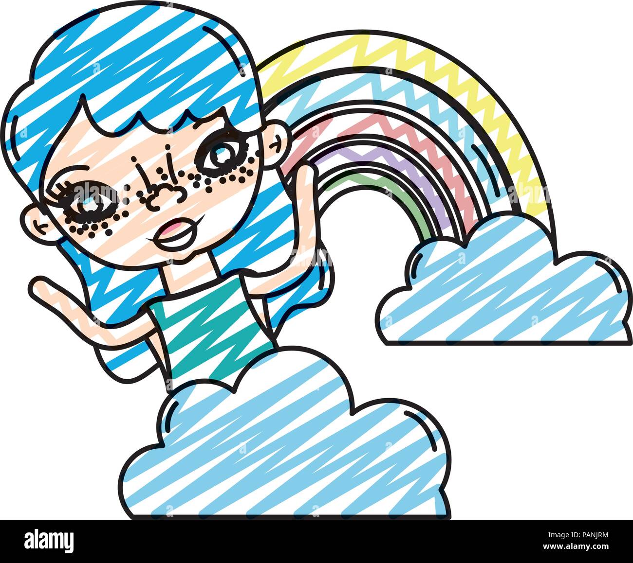 doodle nice woman with rainbow and fluffy clouds Stock Vector Image ...