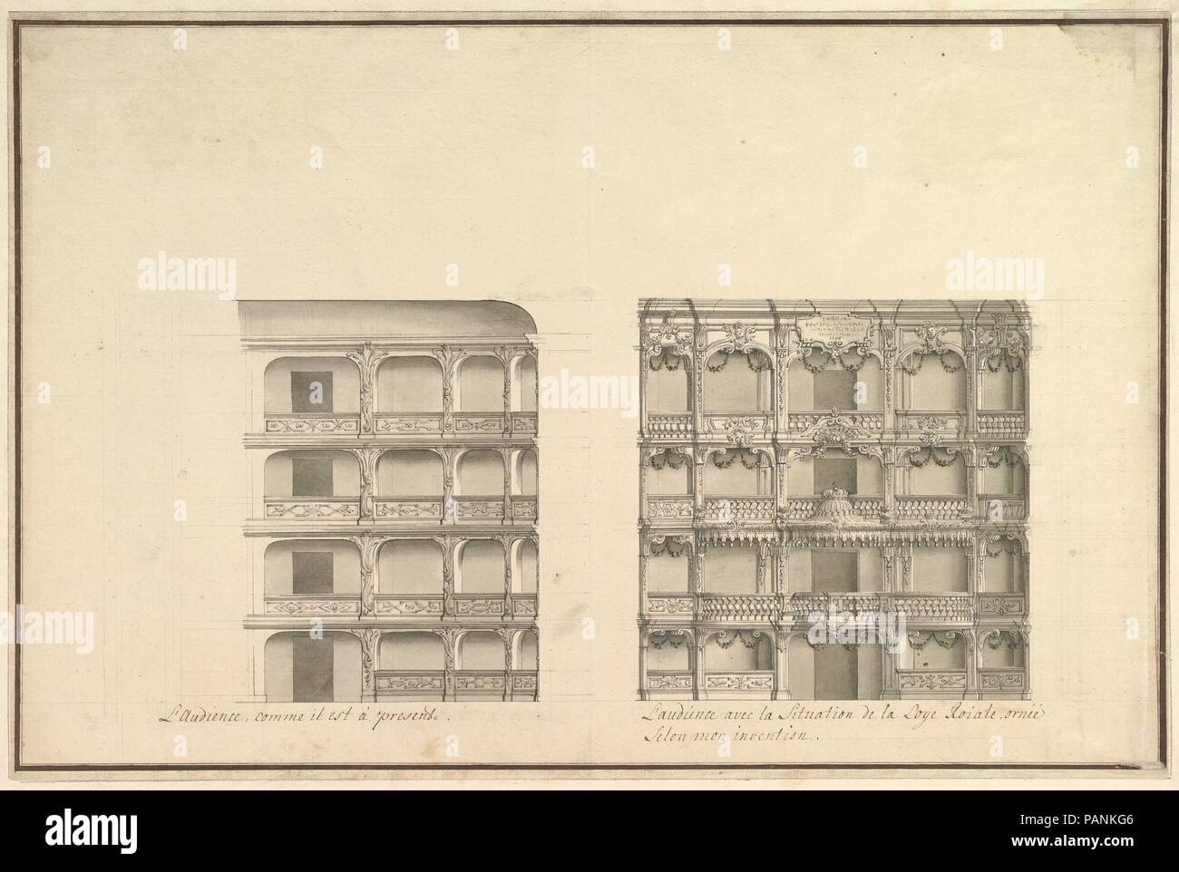 Elevation of Boxes and Royal Box as Presently Constituted and According to New Design. Artist: Workshop of Giuseppe Galli Bibiena (Italian, Parma 1696-1756 Berlin). Dimensions: 16-1/8 x 24-3/8 in.  (41.0 x 61.9 cm). Date: ca. 1750. Museum: Metropolitan Museum of Art, New York, USA. Stock Photo