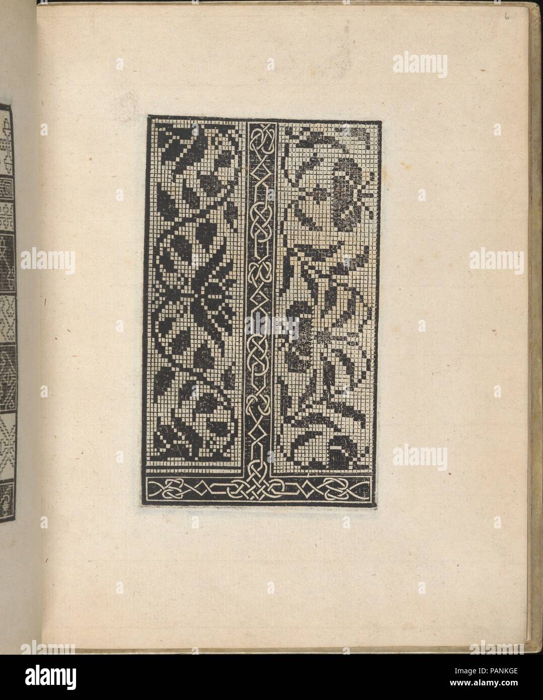 Trionfo Di Virtu. Libro Novo..., page 6 (recto). Dimensions: Overall: 9 13/16 x 7 7/8 in. (25 x 20 cm). Publisher: Matteo Pagano (Italian, 1515-1588) , Venice. Date: 1563.  Published by Matteo Pagano, Italian, 1515-1588, Venice.  From top to bottom, and left to right:  Design composed of 2 gridded vertical columns that are each decorated with a diverse curving vine of flowers and leaves. Separating the 2 columns is an upside-down 'T' shape that is ornamented with a geometric interlace pattern. Museum: Metropolitan Museum of Art, New York, USA. Stock Photo