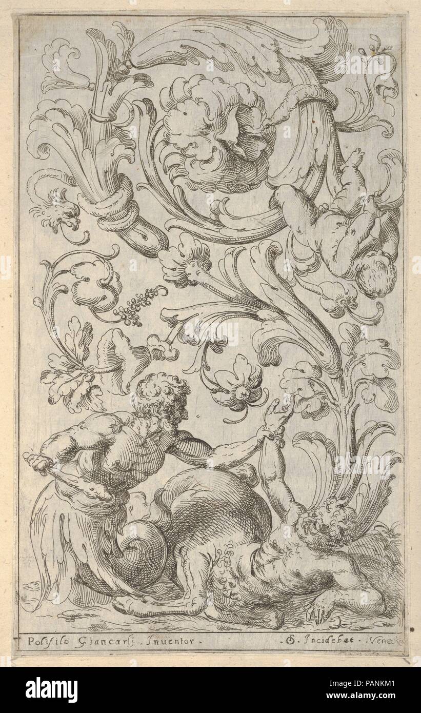 Disegni Varii di Polifilo Zancarli. Artist: Polifilo Giancarli (active in Venice ca. 1600-1625); Odoardo Fialetti (Italian, Bologna 1573-1637/38 Venice). Dimensions: Plate: 9 3/16 x 5 9/16 in. (23.3 x 14.2 cm). Published in: Venice. Publisher: Tasio Giancarli (Italian, active in Venice (?) ca. 1625). Date: 1628 before.  Vertical panel design with an acanthus rinceau. The lower half of the print shows a hybrid satyr with a club holding the arm of a centaur lying on the ground. A snake-like creature and a putto are visible hanging from the acanthus scrolls above. Museum: Metropolitan Museum of A Stock Photo