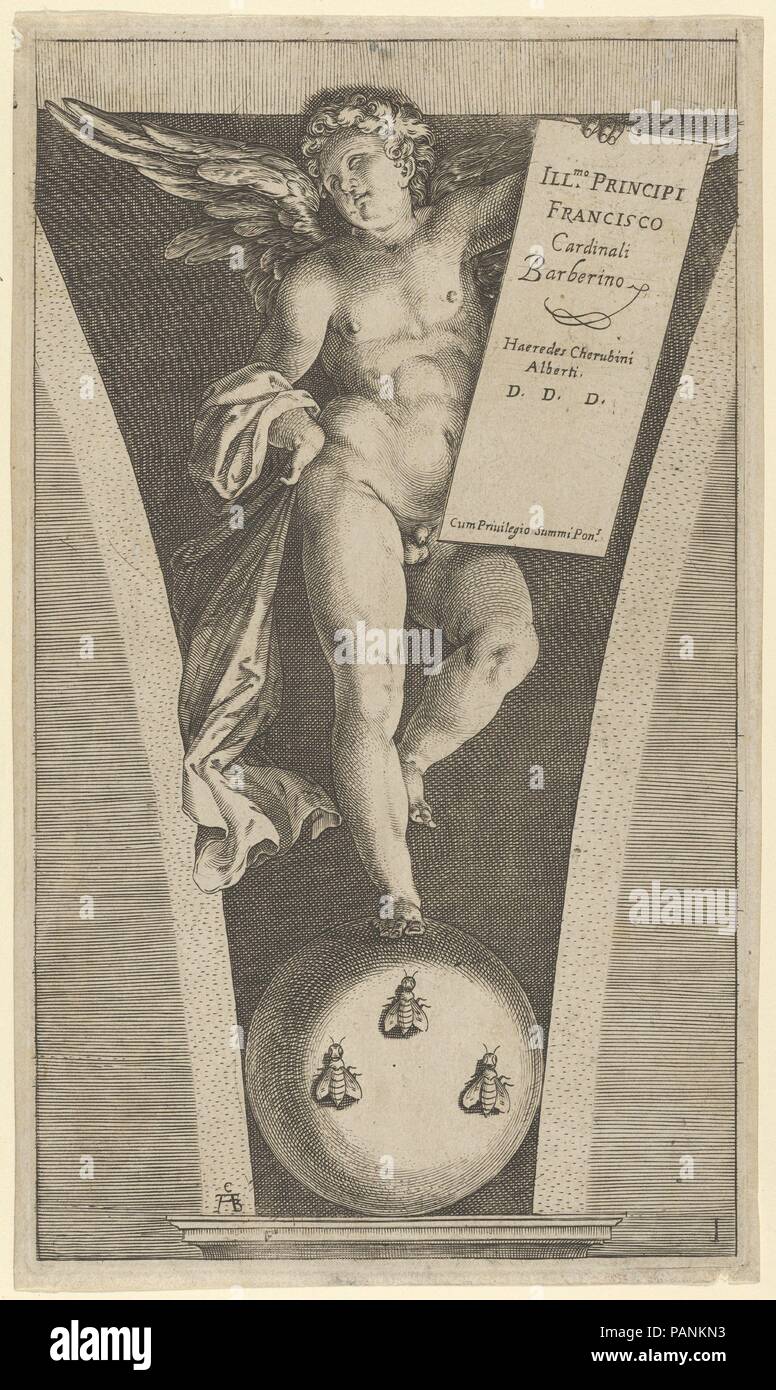 Winged genius holding a tableau, standing on a sphere with three bees. Artist: Cherubino Alberti (Zaccaria Mattia) (Italian, Borgo Sansepolcro 1553-1615 Rome). Dimensions: Sheet: 11 9/16 × 6 13/16 in. (29.4 × 17.3 cm)  Plate: 11 5/16 × 6 5/8 in. (28.8 × 16.8 cm). Date: 1570-1615. Museum: Metropolitan Museum of Art, New York, USA. Stock Photo