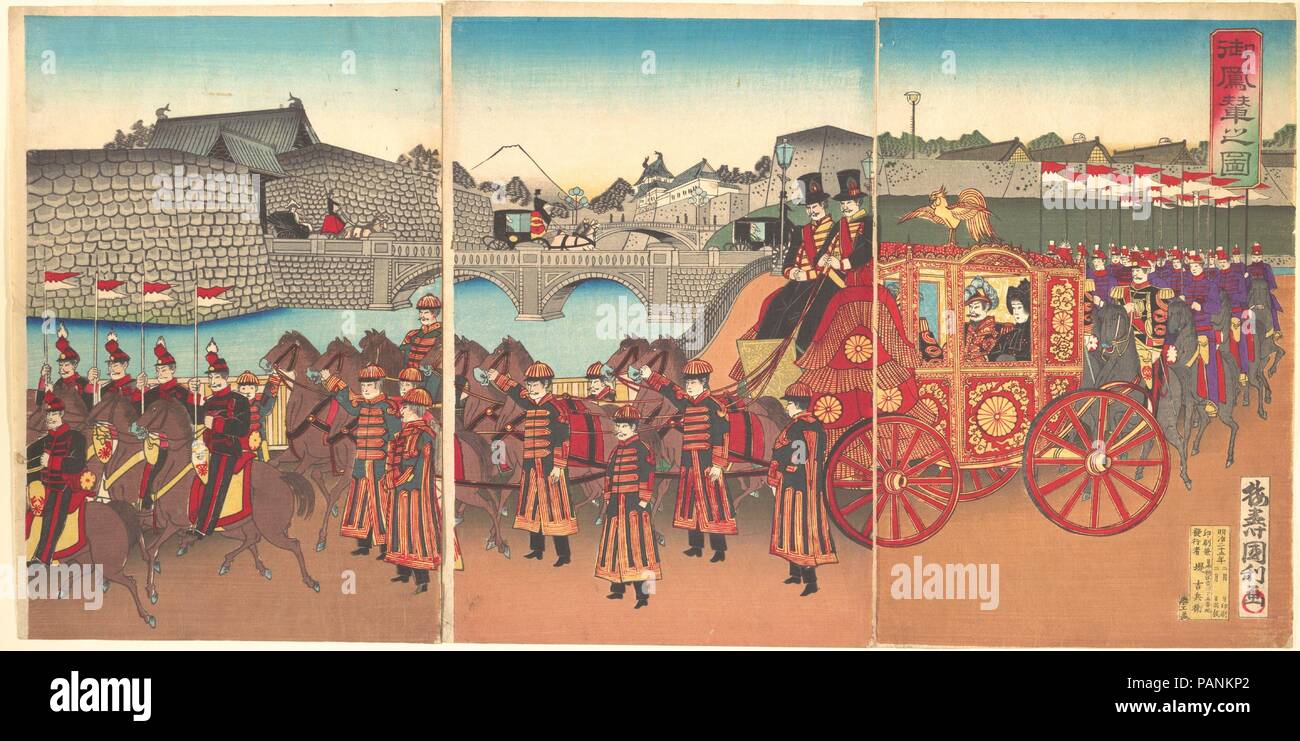 Go Horen no zu  View of the Imperial Carriage. Artist: Utagawa Kunitoshi (Japanese, active 2nd half of 19th century). Culture: Japan. Dimensions: Triptych 14 9/16 x 29 in. (37 x 73.6 cm). Date: 1889 (Meiji 22). Museum: Metropolitan Museum of Art, New York, USA. Stock Photo