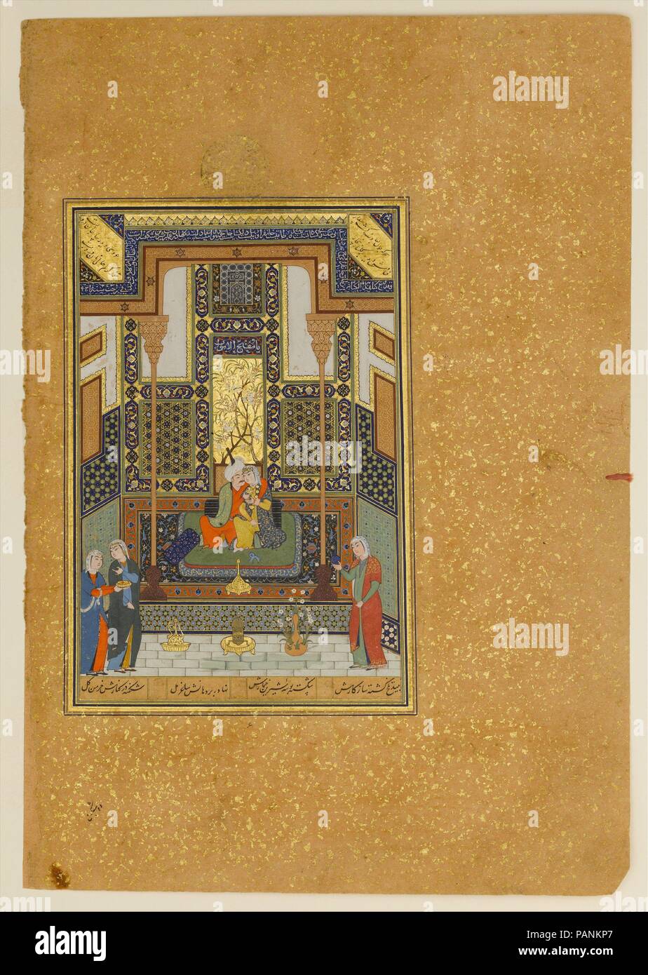 'Marriage of Khusrau and Shirin', Folio 104 from a Khamsa (Quintet) of Nizami. Artist: Painting by Shaikh Zada. Author: Nizami (Ilyas Abu Muhammad Nizam al-Din of Ganja) (probably 1141-1217). Calligrapher: Sultan Muhammad Nur (ca. 1472-ca. 1536); Mahmud Muzahhib. Dimensions: Painting: H. 7 in. (17.8 cm)   W. 4 3/4 in. (12.1 cm)  Page: H. 12 5/8 in. (32.1 cm)   W. 8 3/4 in. (22.2 cm)  Mat: H. 19 1/4 in. (48.9 cm)   W. 14 1/4 in. (36.2 cm). Date: dated  A.H. 931/A.D. 1524-25.  The second poem of Nizami's Khamsa (Quintet) is a romantic epic tale concerning the last great Sasanian ruler, Khusrau I Stock Photo