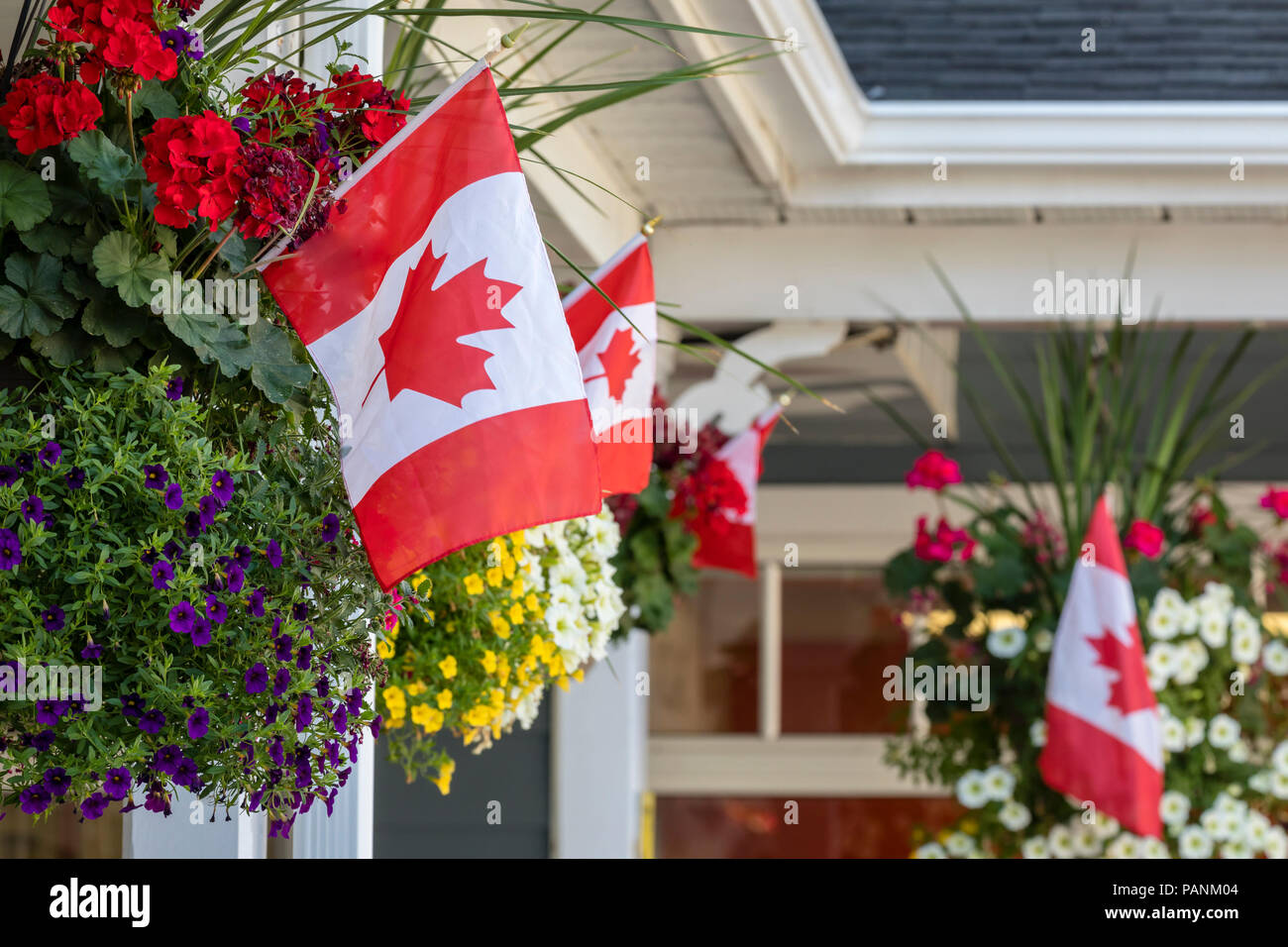 Closeup of building with flowers and Canadian flags Stock Photo Alamy