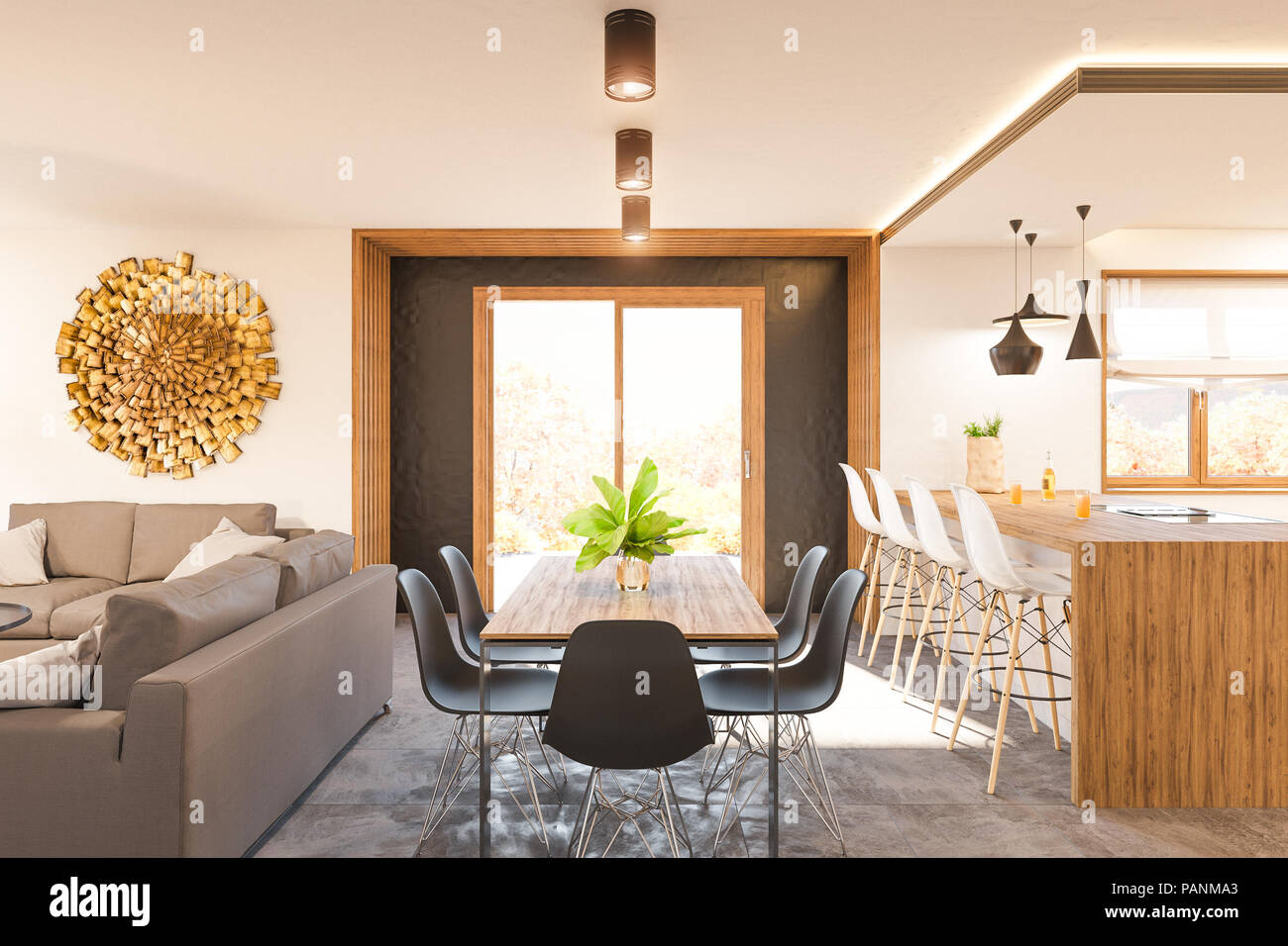 3d render modern living room interior design with fireplace Stock Photo ...
