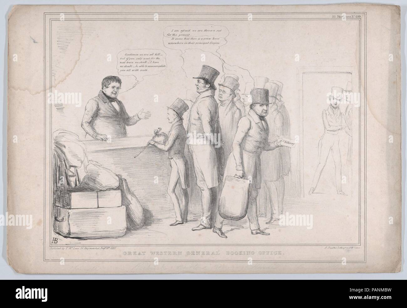 Great Western General Booking Office. Artist: John Doyle (Irish, Dublin 1797-1868 London). Dimensions: Sheet: 11 13/16 × 17 7/16 in. (30 × 44.3 cm). Lithographer: Alfred Ducôte (British, active 1830-40). Publisher: Thomas McLean (British, active London 1788-1885). Series/Portfolio: HB Sketches, No. 499. Subject: Daniel O'Connell (Irish, Cahirciveen, Kerry 1775-1847 Genoa); Sir James Robert George Graham (British, 1792-1861); Joseph Hume (British, 1777-1855); Sir John Bowring (British, 1792-1872); Rt. Hon. John Arthur Roebuck (British, 1801-1879); Sir James Emerson Tennent, 1st Baronet (British Stock Photo