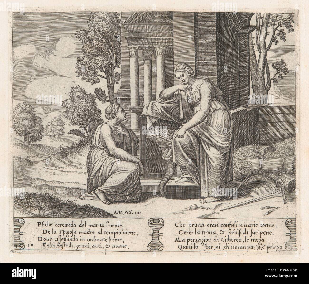 Plate 19: Ceres at right, leaning on a pedestal, refusing to assist Psyche, from the Story of Cupid and Psyche as told by Apuleius. Artist: Master of the Die (Italian, active Rome, ca. 1530-60); After Michiel Coxie (I) (Netherlandish, Mechelen ca. 1499-1592 Mechelen). Dimensions: Sheet: 10 1/4 × 15 13/16 in. (26 × 40.2 cm)  Plate: 7 7/8 × 9 3/16 in. (20 × 23.4 cm). Publisher: Antonio Salamanca (Salamanca 1478-1562 Rome). Series/Portfolio: The Story of Cupid and Psyche as told by Apuleius. Date: 1530-60.  This book contains 32 plates bound together, 3 of which are by Agostino Veneziano. Museum: Stock Photo