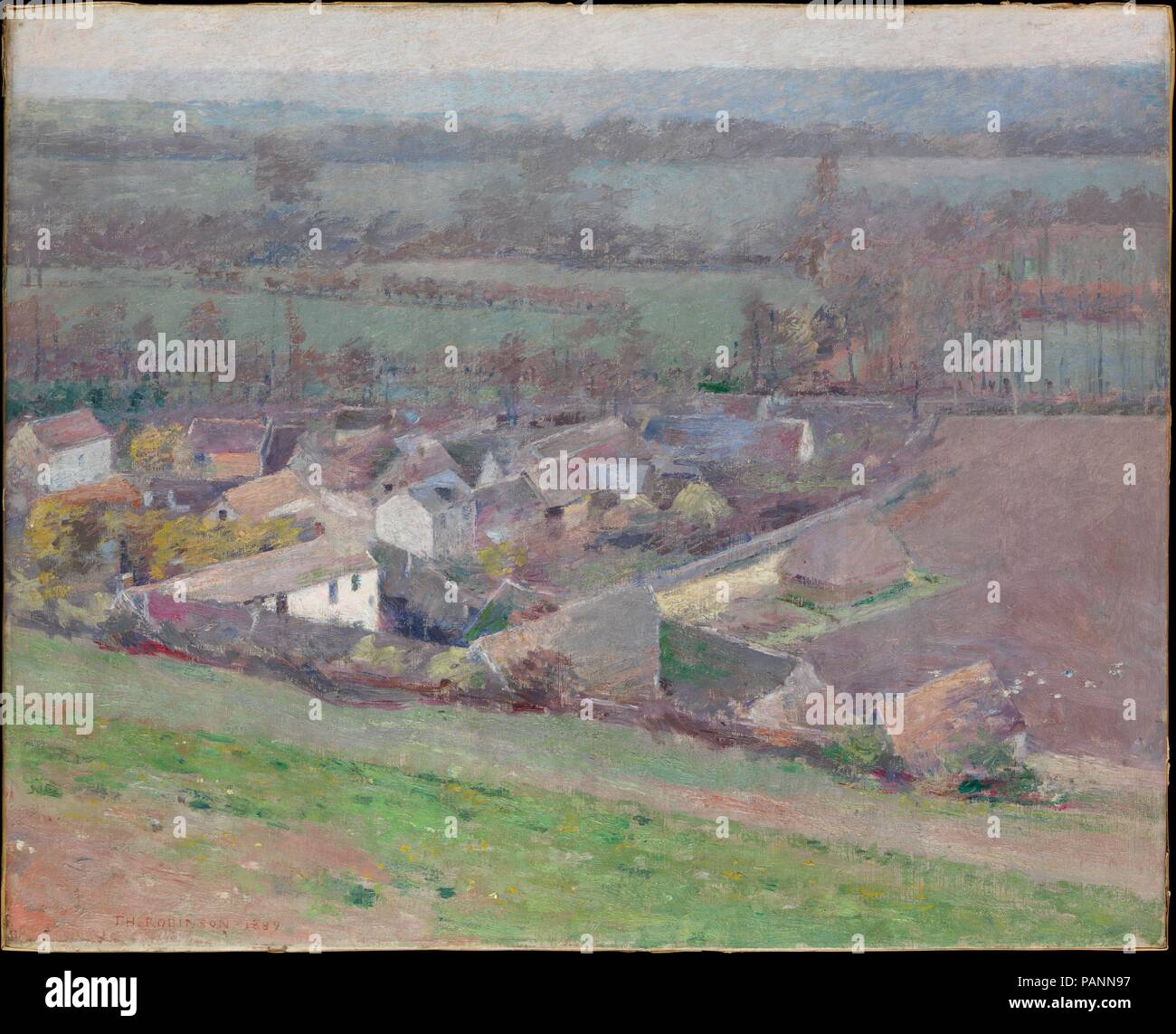 A Bird's-Eye View. Artist: Theodore Robinson (1852-1896). Dimensions: 25 3/4 x 32 in. (65.4 x 81.3 cm). Date: 1889.  Theodore Robinson, although academically trained at France's École des Beaux-Arts, became the leading American disciple of the progressive impressionist Claude Monet. Living as a close friend and neighbor of the famous painter in the artists' colony of Giverny between 1887 and 1892, Robinson experimented with plein-air (outdoor) painting in numerous depictions of that bucolic village, such as this work. Museum: Metropolitan Museum of Art, New York, USA. Stock Photo
