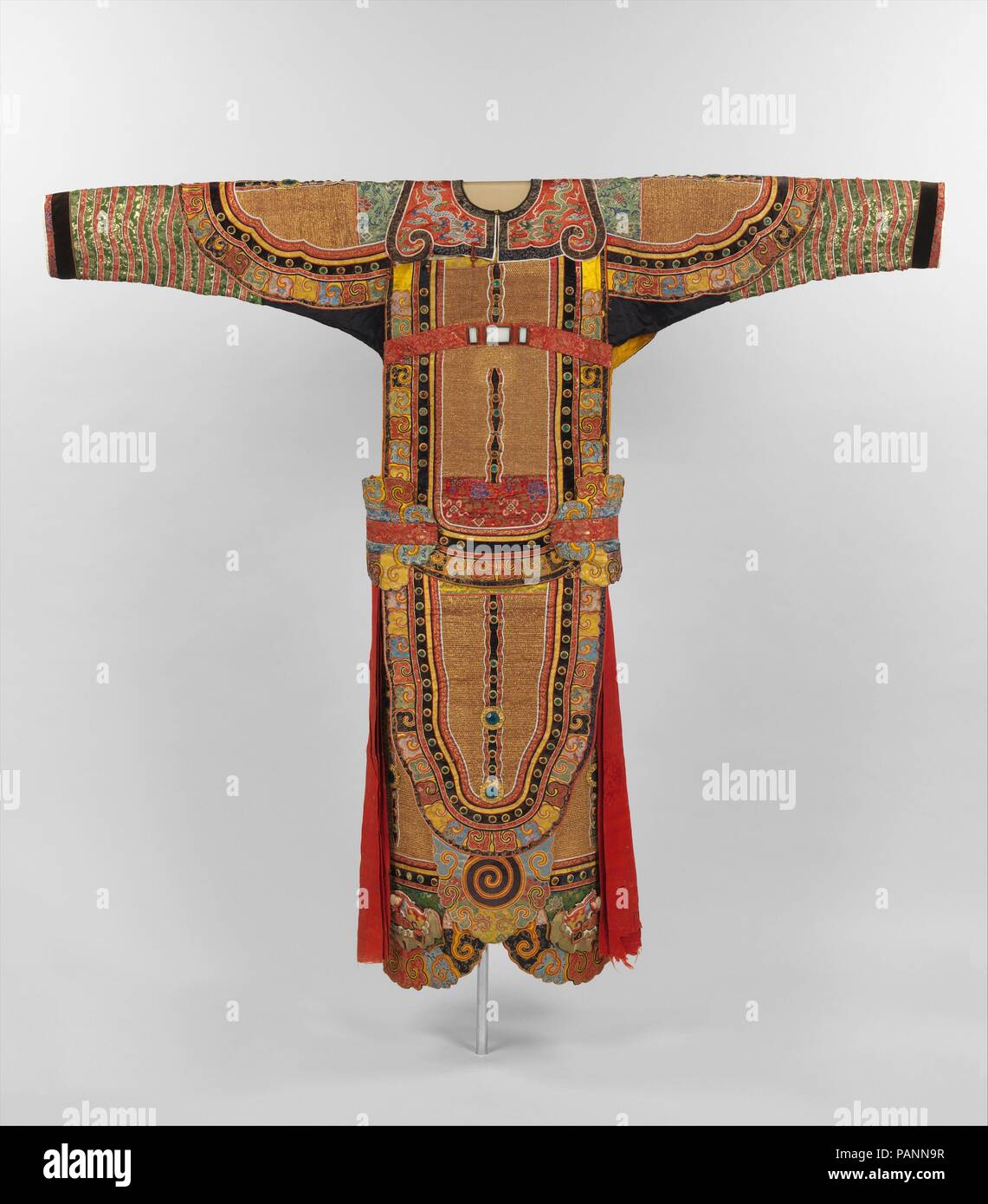 Theatrical Costume for the Role of a Warrior. Culture: China. Dimensions: Overall (a): 59 5/8 x 68 3/4 in. (151.4 x 174.6 cm)  Overall (b): 37 1/2 x 35 in. (95.3 x 88.9 cm). Date: 18th century.  This costume is for the role of a high-ranking warrior.  A nearly identical costume is in the Qing court collection of theatrical costumes in the Palace Museum, Beijing. Museum: Metropolitan Museum of Art, New York, USA. Stock Photo