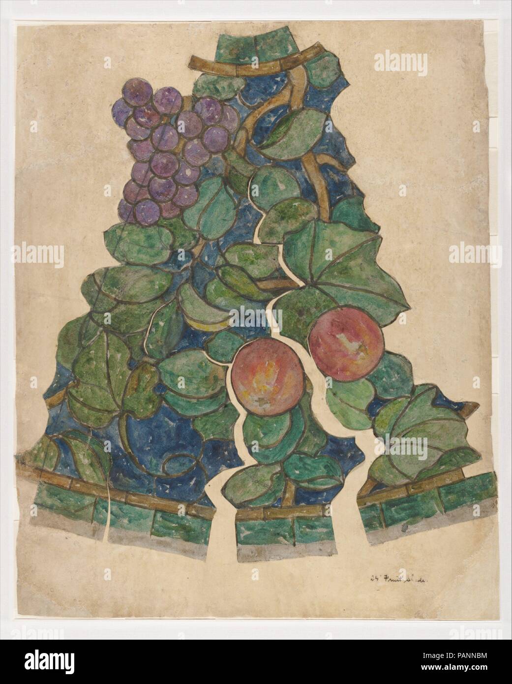 Working drawing for 'Fruit' shade. Artist: Louis Comfort Tiffany (American, New York 1848-1933 New York). Culture: American. Dimensions: 15 5/8 x 12 5/8 in.  (39.7 x 32.1 cm). Maker: Possibly Tiffany Glass and Decorating Company (American, 1892-1902); Possibly Tiffany Studios (1902-32). Date: 1900-1915.  This drawing is the only work in this installation with a linen rather than paper support, suggesting that it was actively used in the lampshade production process as a template for assembling the 'Fruit' shade. Like the drawing of the 'Snowball' shade (67.654.468), it is a watercolor study fo Stock Photo