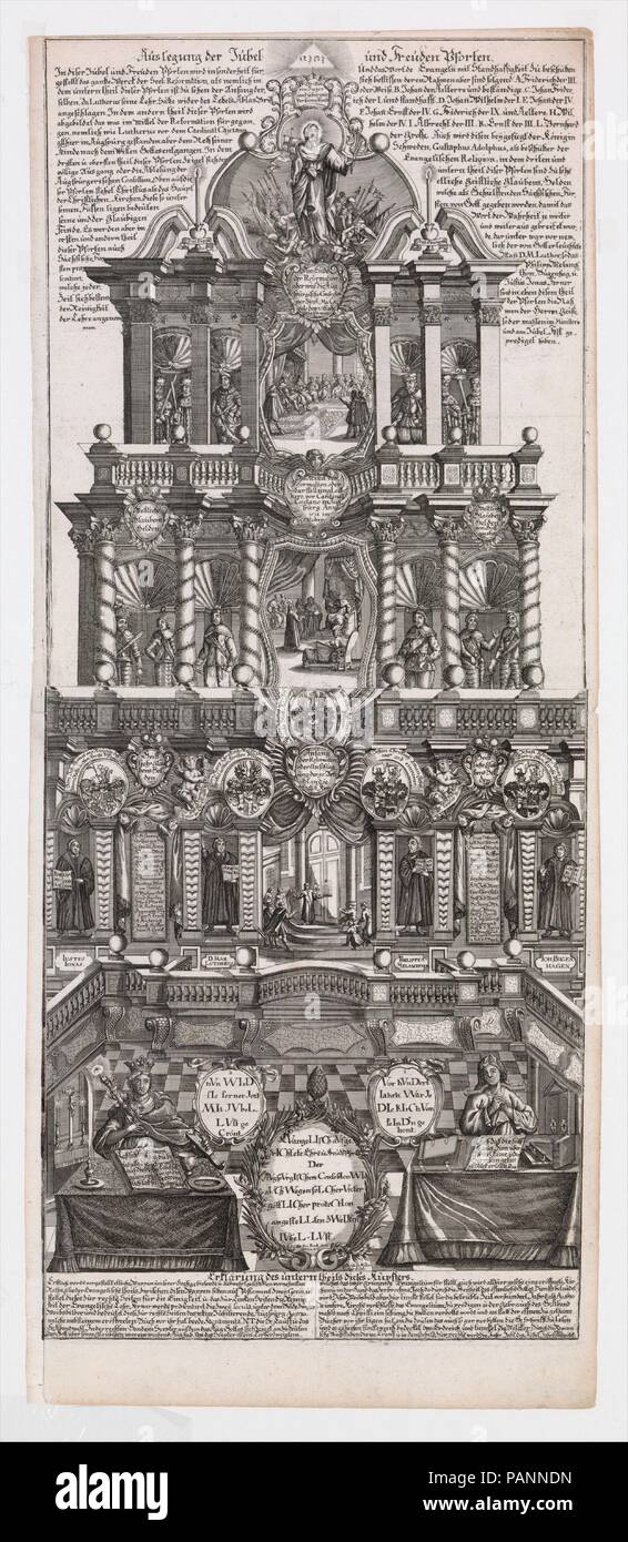Broadsheet in Commemoration of the 200th Anniversary of the Augsburg Confession of 1530. Artist: After Christoph Miller (German, active Augsburg 1730). Artist and publisher: Johann Gottfried Boeck (German, active Augsburg ca. 1730-1762). Dimensions: Sheet: 33 1/4 × 13 11/16 in. (84.5 × 34.8 cm). Date: ca. 1730.  Thesis print with a representation of a Triumphal Arch in honor of the 200th anniversary of the so-called Augsburg Confession of 1530. The triumphal arch consists of four tiers, crowned by the figure of Christ as Savior on top of an armorial trophy. Represented in the arch are various  Stock Photo