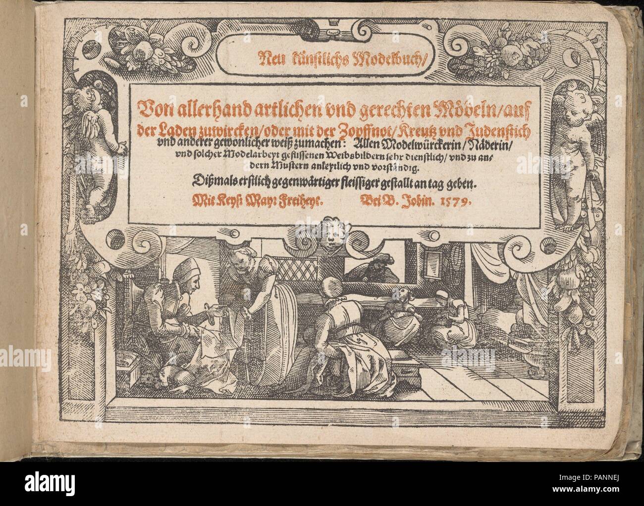 Titlepage of Neu künstlich Modelbuch (page 1r). Dimensions: Overall: 6 1/8 x 7 7/8 in. (15.5 x 20 cm). Publisher: Bernhard Jobin (Swiss, Porrentruy (Jura) before 1545-1593/1597 Strasbourg). Date: 1598 (?).  Published by Bernhard Jobin, Strassburg.  Facsimile illustrated title page of 1579 edition, poem (2 pages), and 44 pages of designs. Museum: Metropolitan Museum of Art, New York, USA. Stock Photo