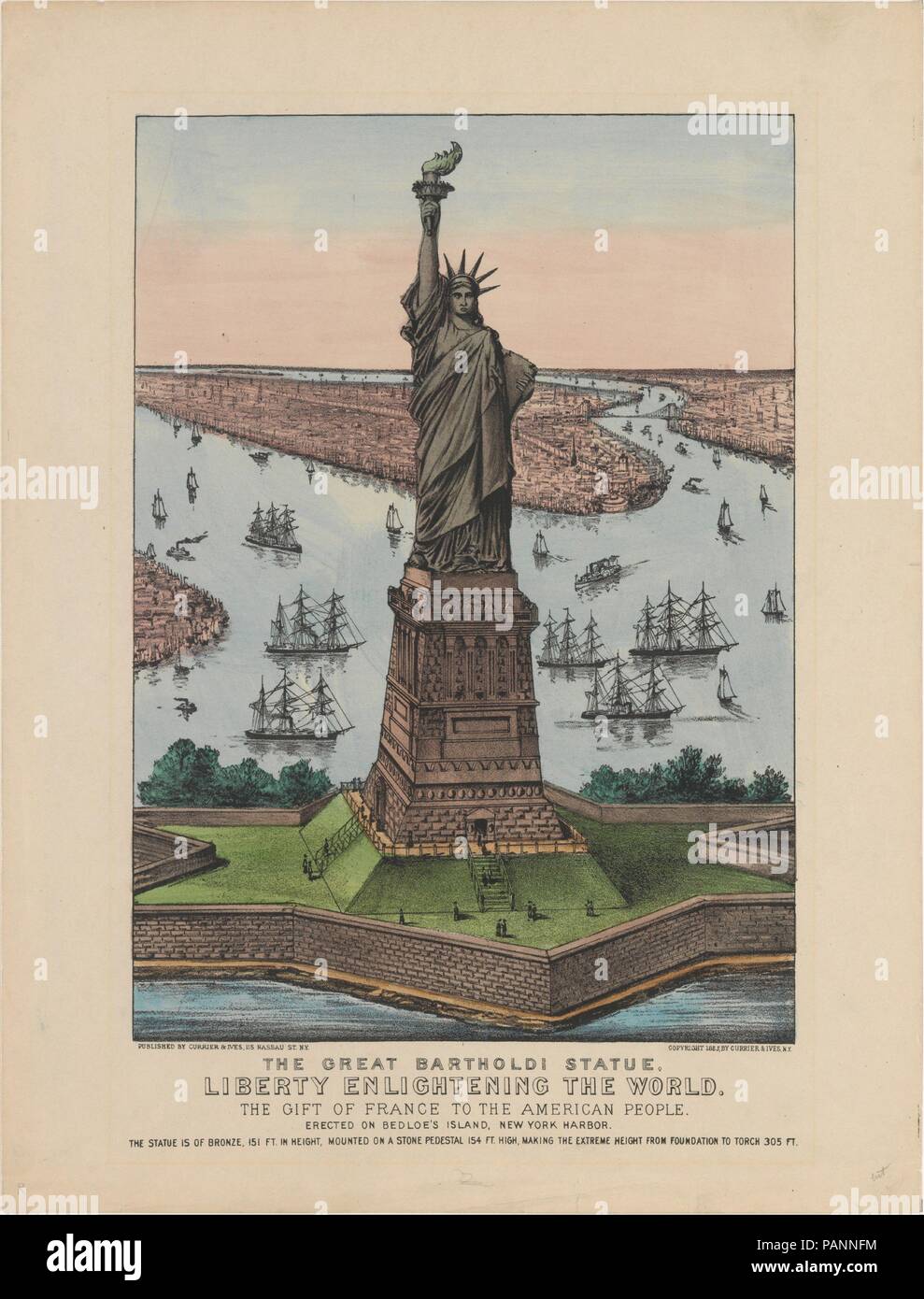 The Great Bartholdi Statue - Liberty Enlightening the World. Dimensions: Image: 13 9/16 x 9 3/4 in. (34.5 x 24.7 cm)  Sheet: 17 3/4 x 13 1/2 in. (45.1 x 34.3 cm). Publisher: Currier & Ives (American, active New York, 1857-1907). Date: 1885. Museum: Metropolitan Museum of Art, New York, USA. Stock Photo