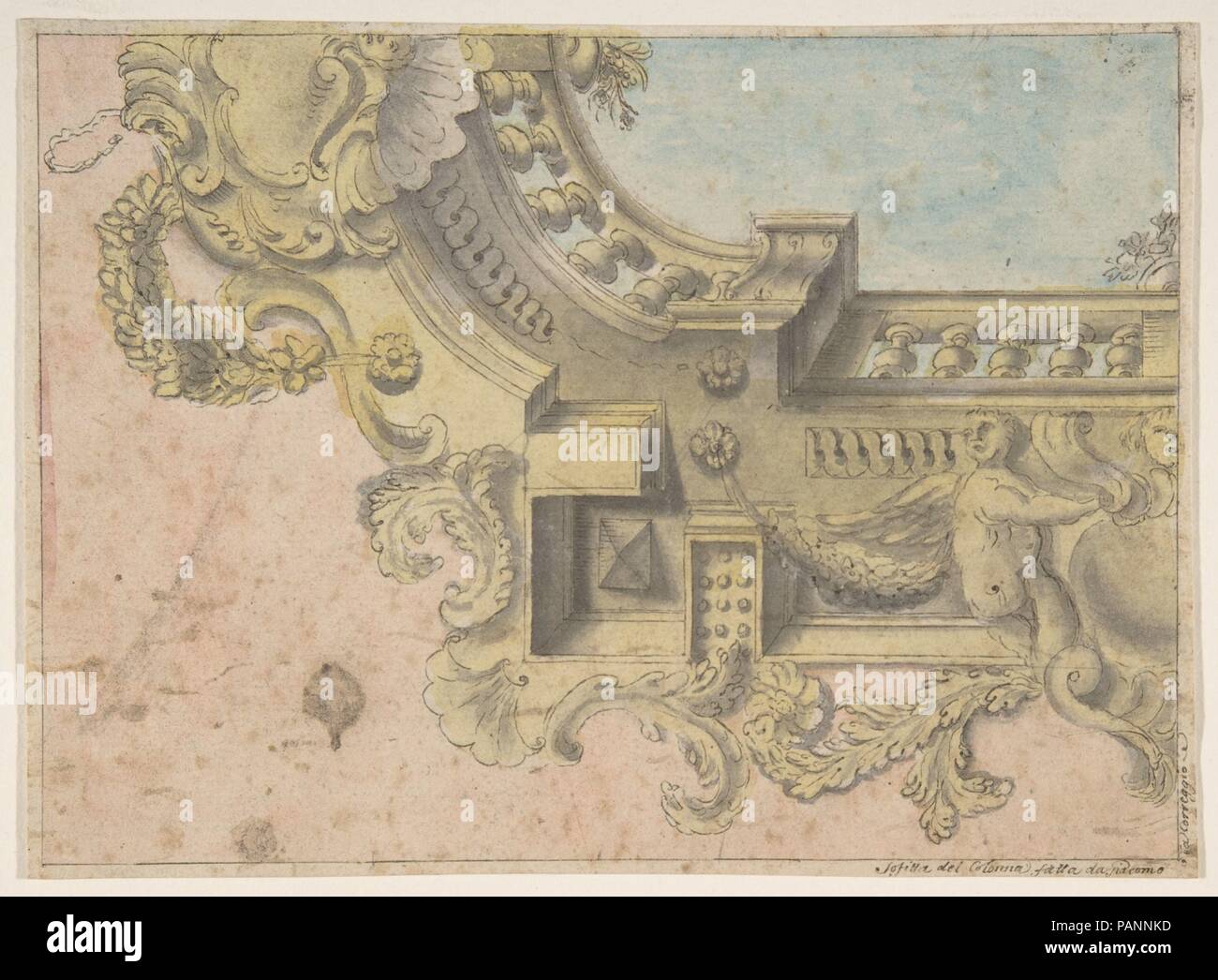 Design for a Decorated Ceiling with Putti and Garlands and a Forshortening of a Balustrade Around an Oculus. Artist: Workshop assistant of Michelangelo Colonna (Italian, Ravenna/Como 1604-1687 Bologna). Dimensions: sheet: 5 1/2 x 7 1/2 in. (14 x 19.1 cm). Date: 17th century. Museum: Metropolitan Museum of Art, New York, USA. Stock Photo