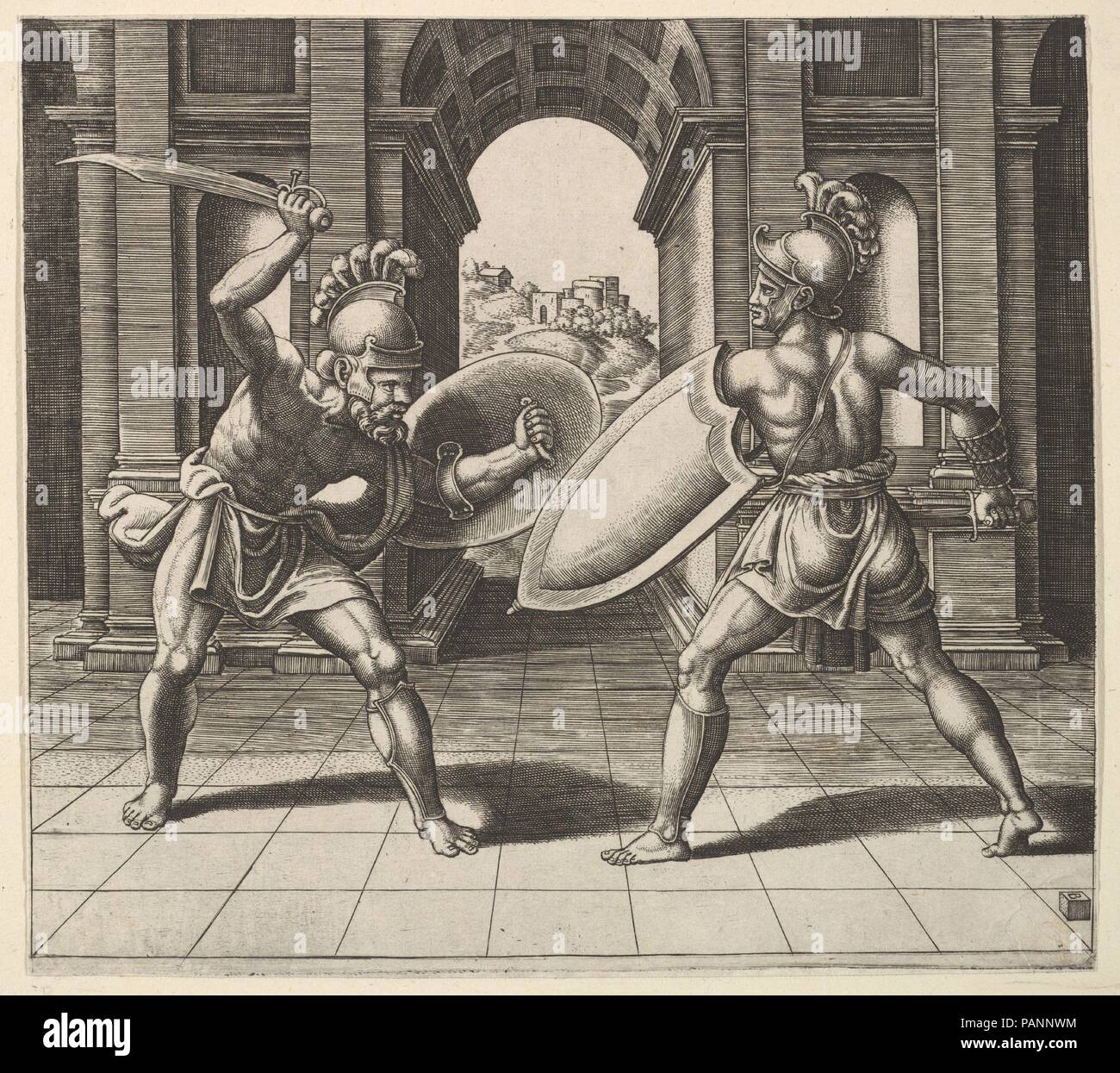 Two gladiators fighting in front of an arch. Artist: After Giulio Romano (Italian, Rome 1499?-1546 Mantua); Master of the Die (Italian, active Rome, ca. 1530-60). Dimensions: sheet: 8 1/16 x 9 1/16 in. (20.5 x 23 cm). Date: 1530-60. Museum: Metropolitan Museum of Art, New York, USA. Stock Photo