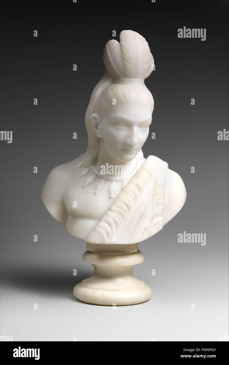 Hiawatha. Artist: Edmonia Lewis (American, 1844-1907). Dimensions: 13 3/4 × 7 3/4 × 5 1/2 in. (34.9 × 19.7 × 14 cm). Date: 1868.  Like many American sculptors of the nineteenth century, Lewis, an artist of African-American and Chippewa (Ojibwa) ancestry, worked in Rome. Her multiracial identity and her gender were formative in her selection of subjects. In addition to pieces addressing abolition and emancipation, between 1866 and 1872 she completed a series of marble sculptures on the popular theme of Hiawatha and Minnehaha, drawn from Henry Wadsworth Longfellow's epic poem 'The Song of Hiawat Stock Photo