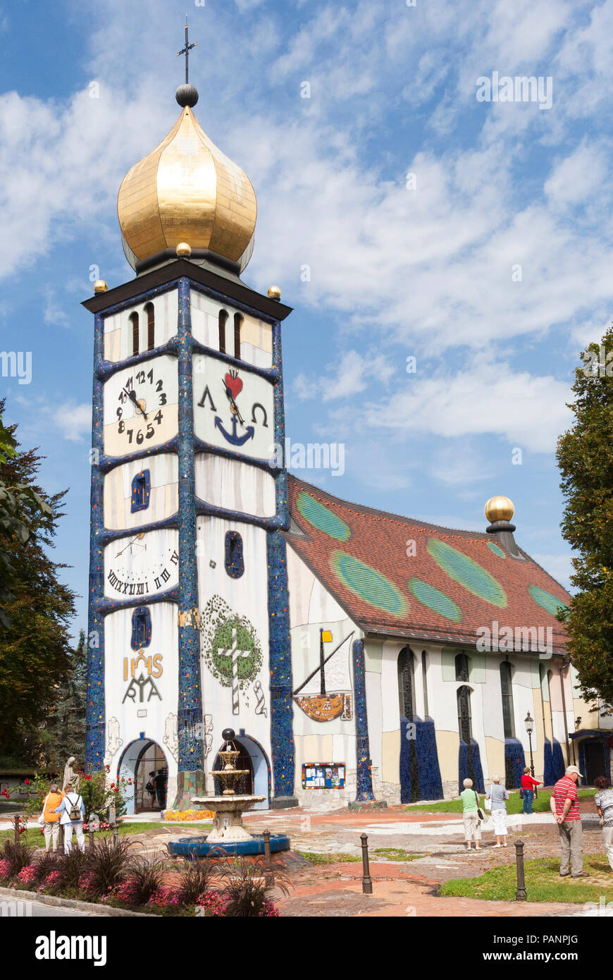 The Hundertwasserkirche or Saint Barbara church at Bärnbach - Pfarrkirche Bärnbach, Steiermark, Austria - is a popular tourist destination Stock Photo