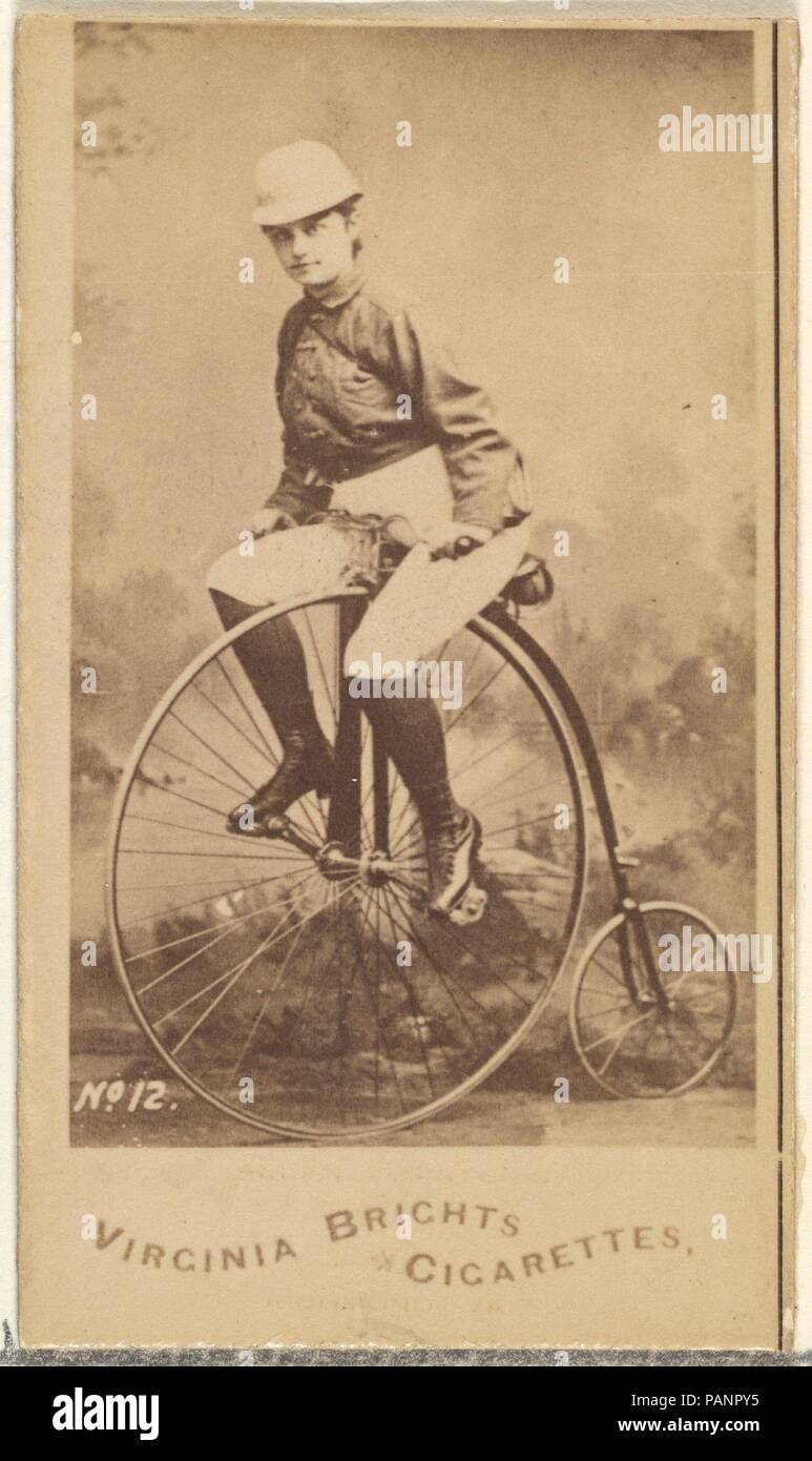 Card 12, from the Girl Cyclists series (N49) for Virginia Brights Cigarettes. Dimensions: Sheet: 2 3/4 x 1 3/8 in. (7 x 3.5 cm). Publisher: Issued by Allen & Ginter (American, Richmond, Virginia). Date: 1887.  Trade cards from the 'Girl Cyclists' series (N49), issued in 1887 by Allen & Ginter to promote Virginia Brights Cigarettes. Museum: Metropolitan Museum of Art, New York, USA. Stock Photo