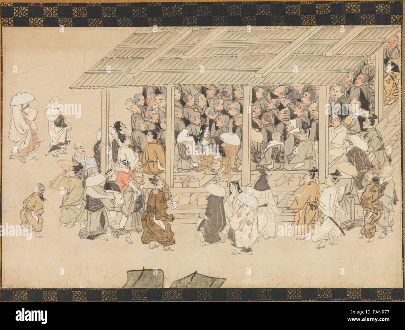 A Nenbutsu Gathering at Ichiya, Kyoto, from the Illustrated Biography of the Monk Ippen and His Disciple Ta'a (Yugyo Shonin engi-e). Culture: Japan. Dimensions: Image: 13 3/4 × 21 1/8 in. (34.9 × 53.7 cm)  Overall with mounting: 48 5/8 × 26 1/4 in. (123.5 × 66.7 cm)  Overall with knobs: 48 5/8 × 28 1/8 in. (123.5 × 71.4 cm). Date: late 14th century.  In this scene, people from all walks of life have gathered to hear the charismatic monk Ippen (1239-1289) perform a recitation of the Nenbutsu prayer invoking Amitabha. The crowd's anticipation nearly bursts from the page as they wait for his inca Stock Photo