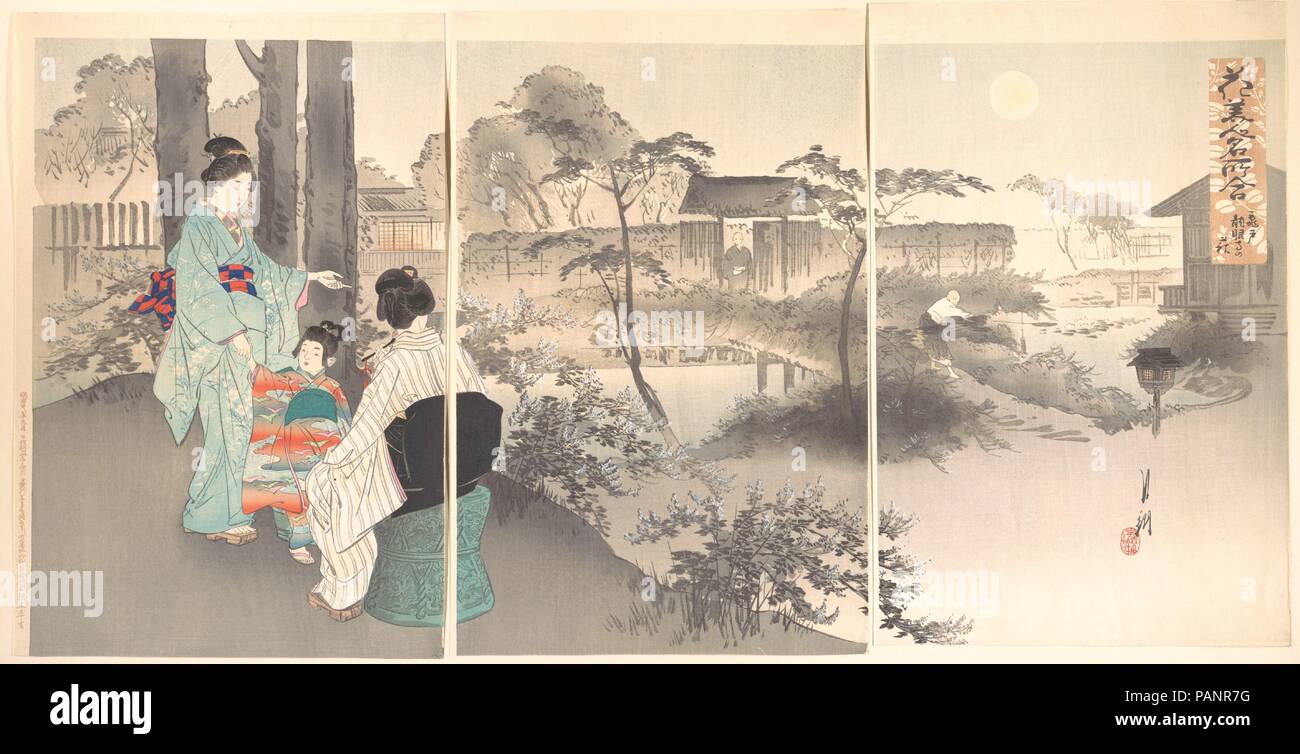 Bush Clover at Ryuganji Temple, Kameido, from the series An Array of Flowers, Beauties and Famous Places (Hanabijin meisho awase kameido ryuganji no hagi). Artist: Ogata Gekko (Japanese, 1859-1920). Culture: Japan. Dimensions: Image (each): 14 in. × 9 3/8 in. (35.6 × 23.8 cm). Date: 1895.  In the series An Array of Flowers, Beauties, and Famous Places, Gekko combines images of famous places for viewing seasonal flowers in Tokyo with depictions of women dressed in kimonos. These images of women are based on the socially constructed ideal of a good wife and mother of the modern era. Avoiding lou Stock Photo