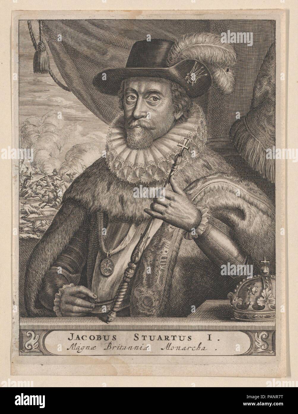 Jacobus Stuartus I. Magnæ Britanniæ Monarcha (James I, King of England). Dimensions: Plate: 7 1/4 × 5 9/16 in. (18.4 × 14.2 cm)  Sheet: 7 5/8 × 5 11/16 in. (19.4 × 14.4 cm). Engraver: Anonymous, Dutch, 17th century. Sitter: James I, King of England, Scotland and Ireland (Edinburgh 1566-1625 Theobalds). Date: 17th century. Museum: Metropolitan Museum of Art, New York, USA. Stock Photo