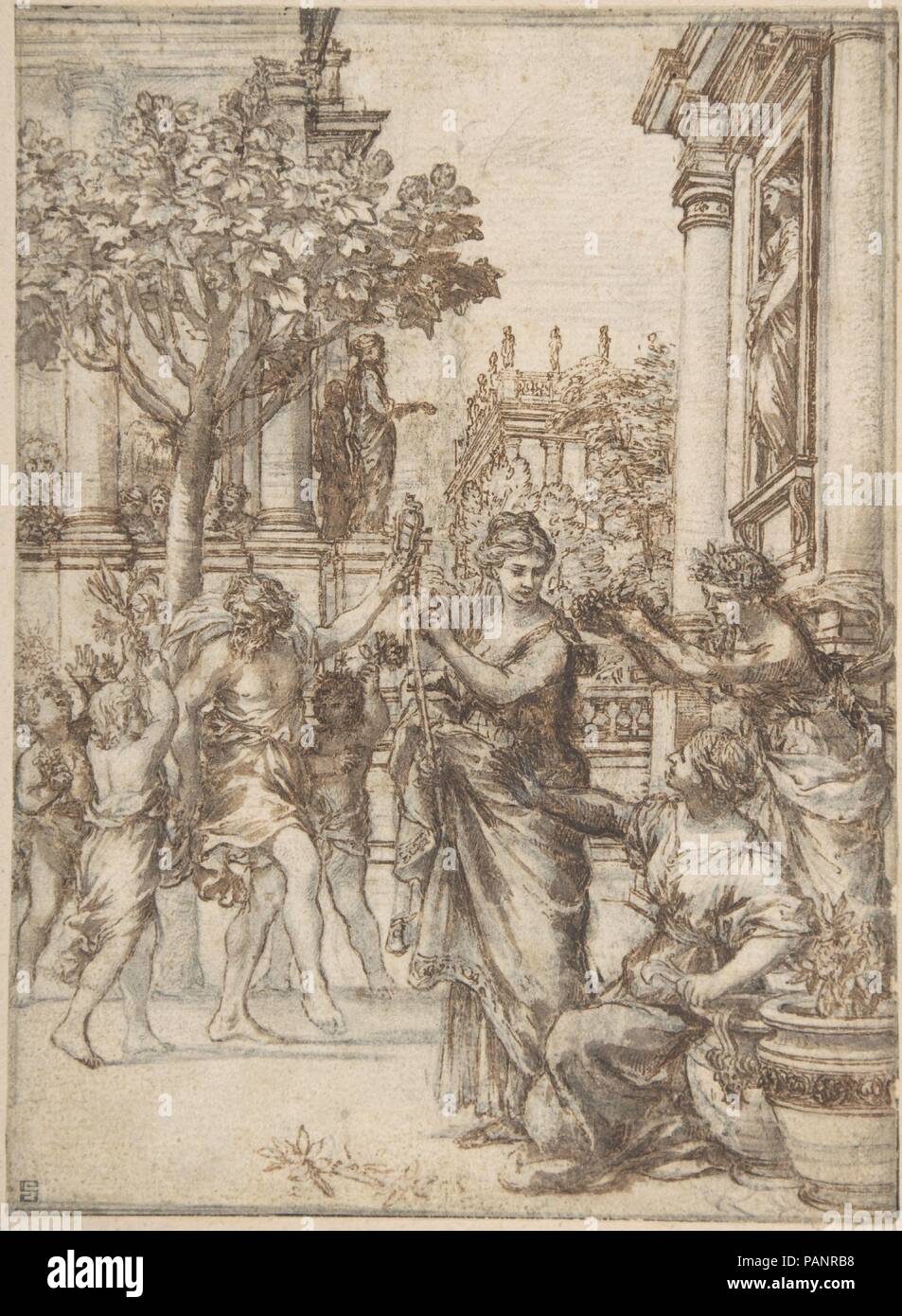 The Triumph of Nature Over Art (design for an engraving of 'De Florum Cultura'). Artist: Pietro da Cortona (Pietro Berrettini) (Italian, Cortona 1596-1669 Rome). Dimensions: 7 13/16 x 5 11/16in. (19.9 x 14.5cm). Date: ca. 1633.  This drawing by the Baroque master Pietro da Cortona is a design for one of the illustrations in a treatise on gardening written by the Jesuit professor, Giovanni Battista Ferrari (1584-1655).  The book, titled 'De Florum Cultura' (Rome, 1633), published this design engraved in reverse by Johann Friedrich Greuter (1590-1662). The artist illustrated an allegorical passa Stock Photo