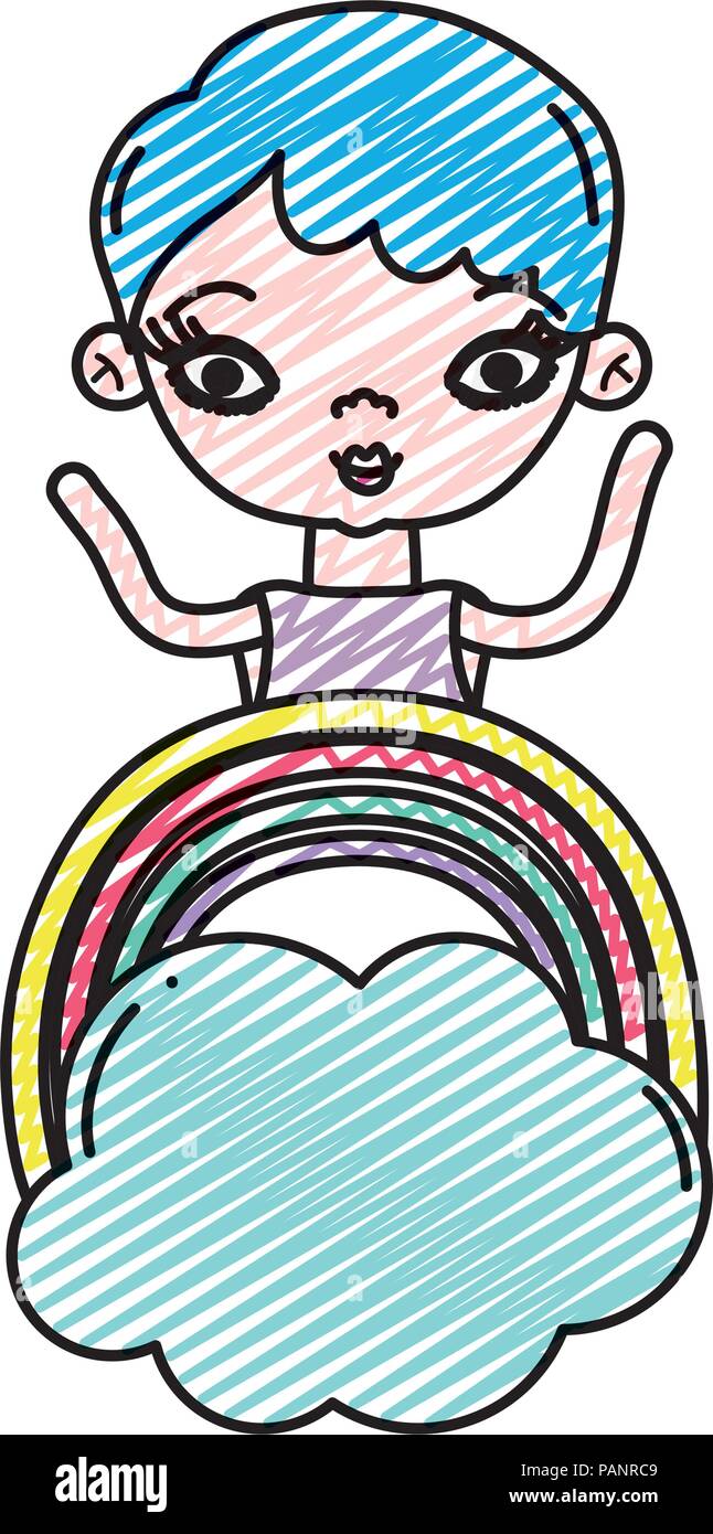 doodle woman short hairstyle and rainbow with cloud Stock Vector Image ...