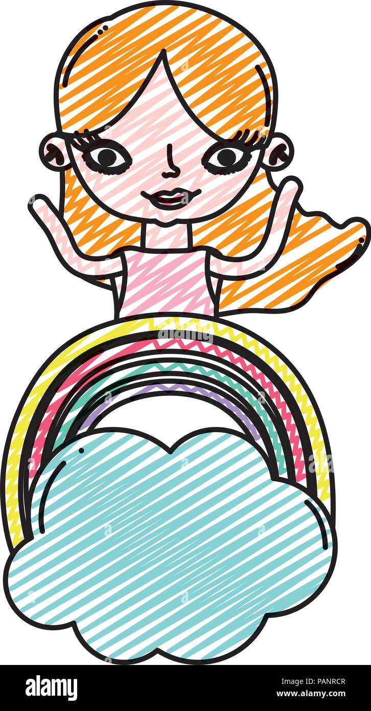 doodle woman long hairstyle and rainbow with cloud Stock Vector Image ...