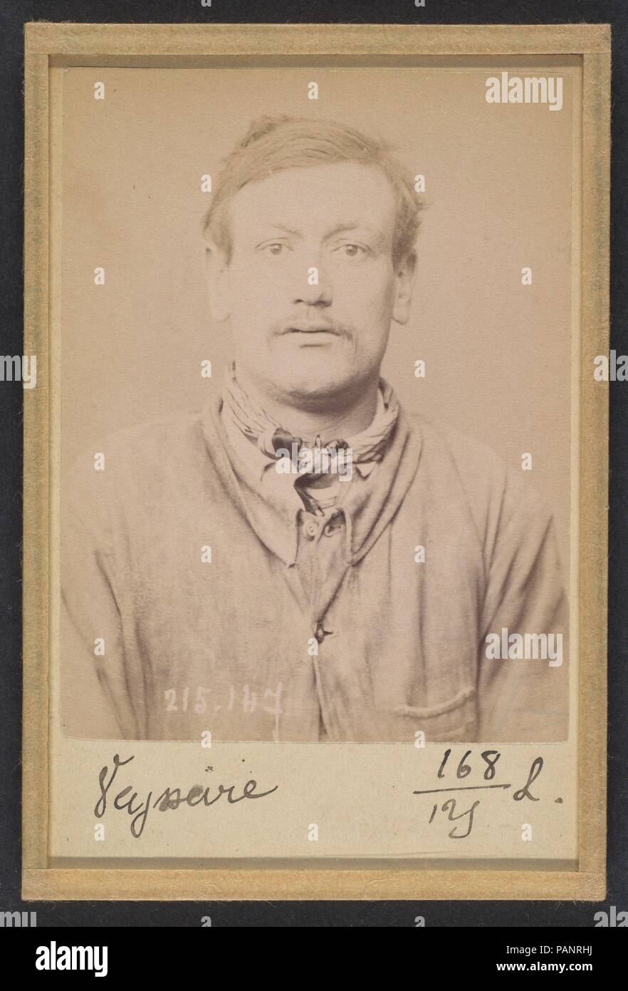 Veysseire. Michel. 25 ans, né à Montreuil. Journaliste. Anarchiste. 5/3/94. Artist: Alphonse Bertillon (French, 1853-1914). Dimensions: 10.5 x 7 x 0.5 cm (4 1/8 x 2 3/4 x 3/16 in.) each. Date: 1894.  Born into a distinguished family of scientists and statisticians, Bertillon began his career as a clerk in the Identification Bureau of the Paris Prefecture of Police in 1879. Tasked with maintaining reliable police records of offenders, he developed the first modern system of criminal identification. The system, which became known as Bertillonage, had three components: anthropometric measurement, Stock Photo