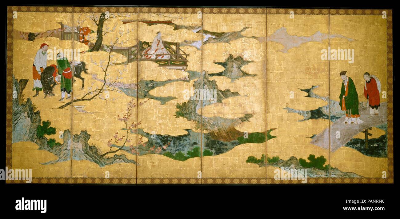 The Return to Court of the Four Graybeards of Mount Shang (left); Su Shi's Visit to the Wind and Water Cave (right. Artist: In the Style of Kano Mitsunobu (Japanese, 1565-1608). Culture: Japan. Dimensions: Image (each screen): 68 3/4 in. x 12 ft. 4 7/8 in. (174.6 x 378.1 cm). Date: late 16th century.  The subject of the right screen is the future Emperor Hui (reigned 194-188 B.C.) of the Han dynasty. Although the crown prince, his rightful ascendance to the throne was threatened by his father's desire to install a son from a favored concubine. But the unprecedented return to court of four form Stock Photo