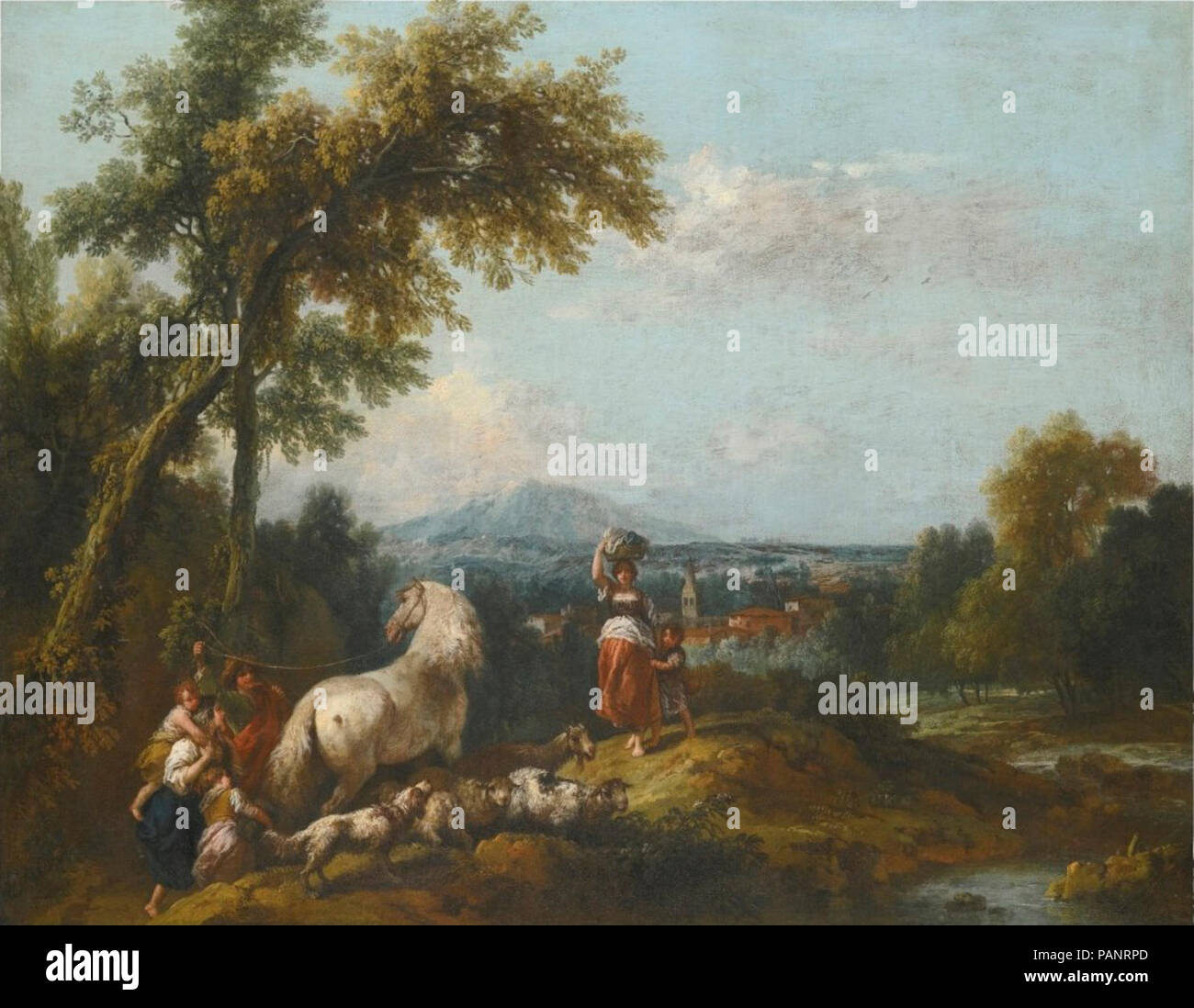 A Shepherd and his Family, Driving Sheep with a Dog and a White Horse